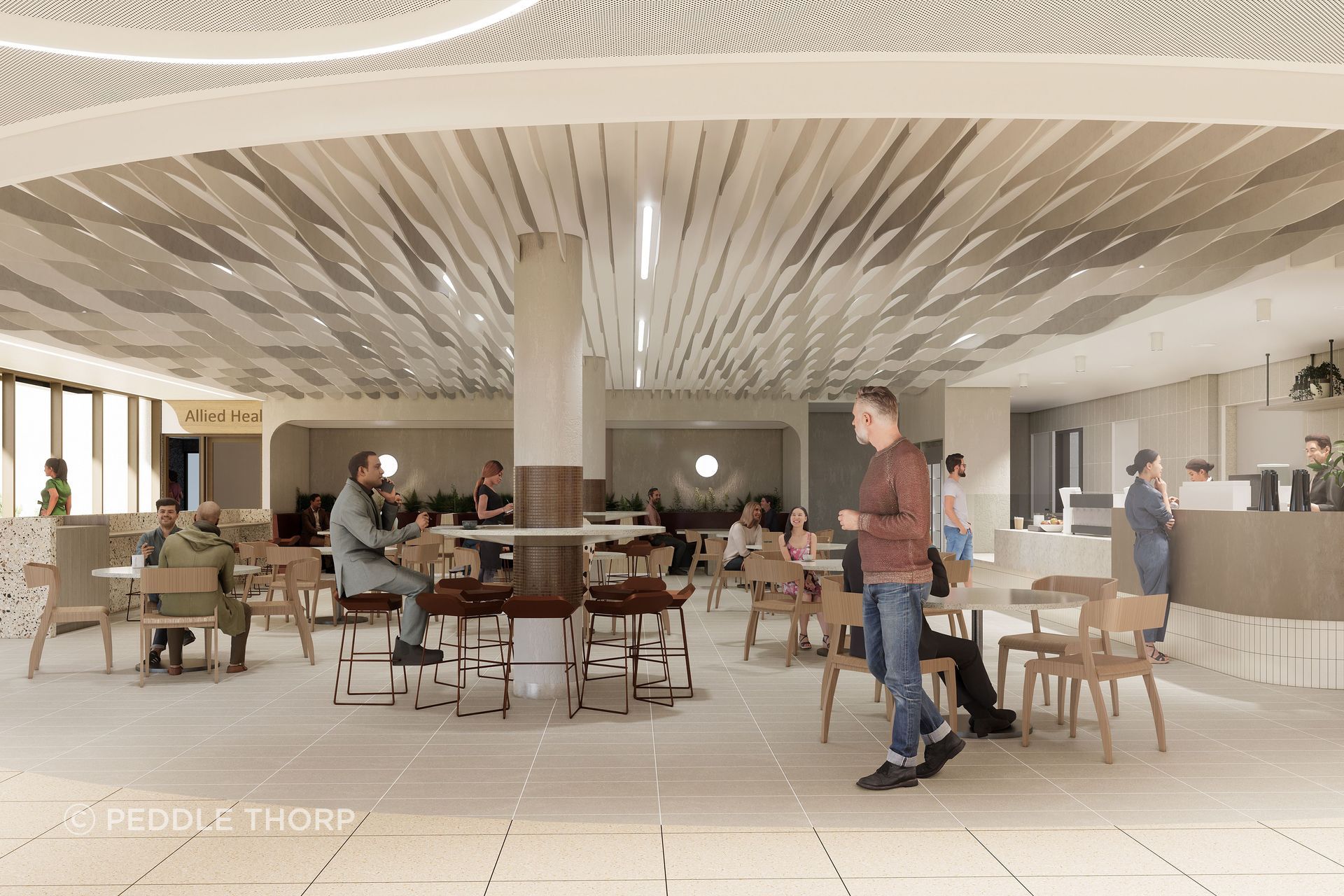 A large café creates a social and gathering space.