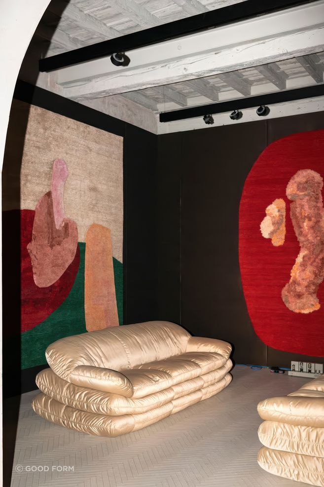 Spare Parts and Poking Fun Rugs with furniture by Tacchini