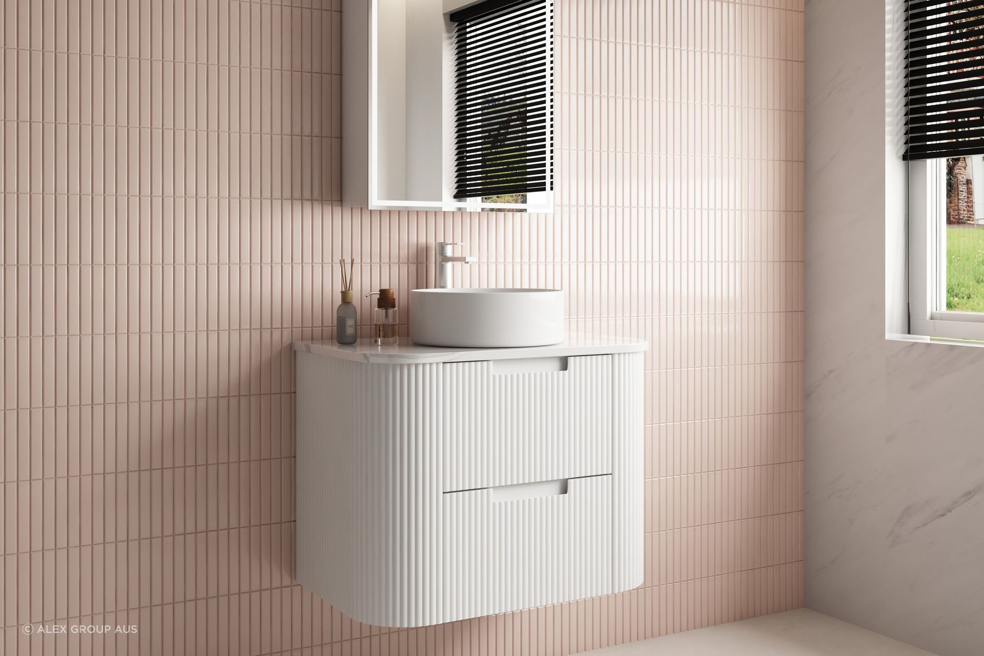The Aulic Curva Wall Hung Vanity features a space-saving, wall-hung structure with curved ends and stacked drawers — the perfect choice for the modern home.