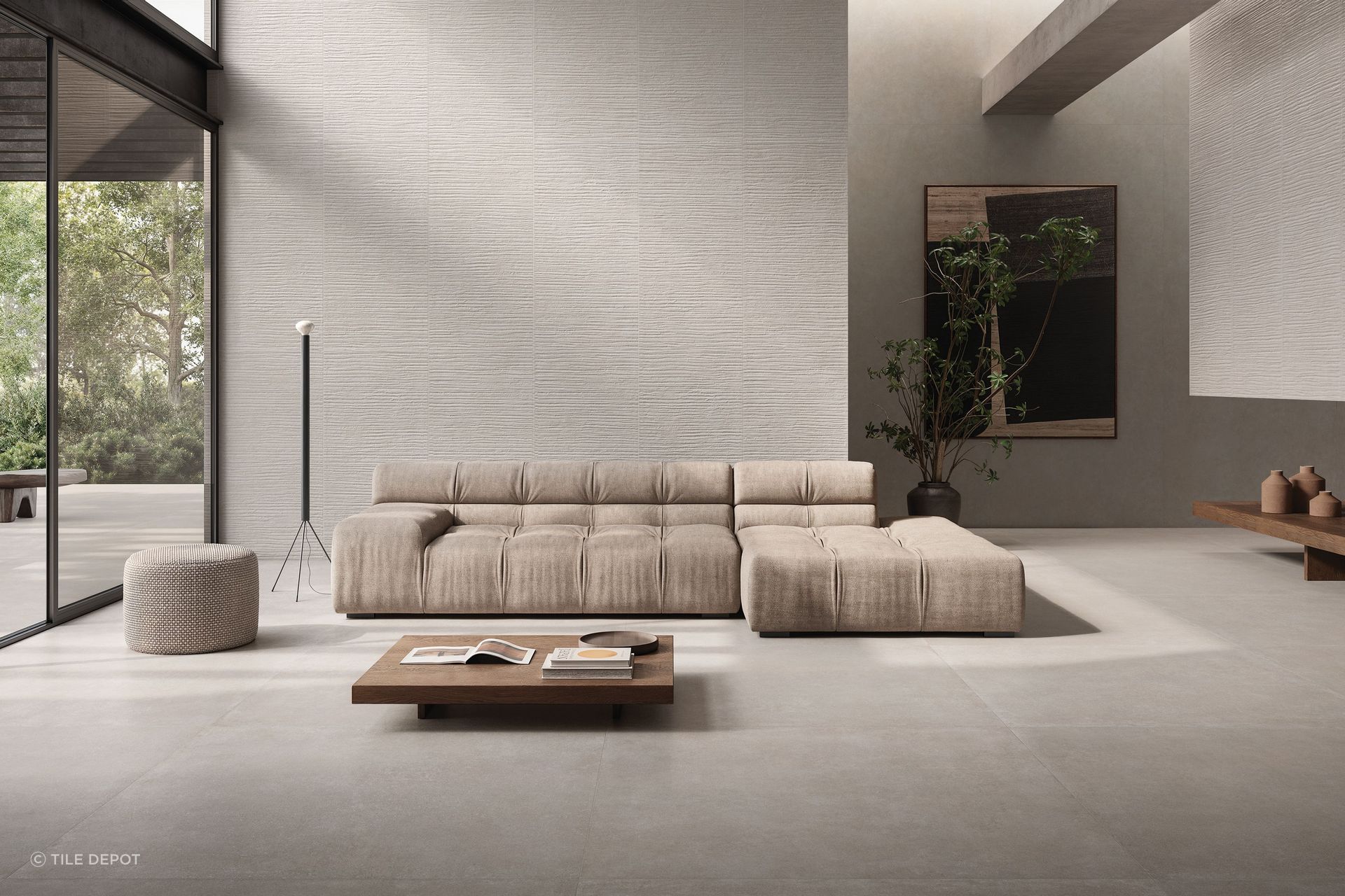 In large formats, cement-like texture on the floor paired with lineal texture on the walls creates contemporary yet tactile space.