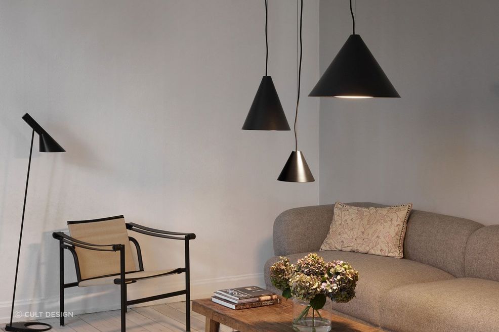 The distinctive conical shades and robust metal finishes personify the Keglen Pendants by Cult Design.