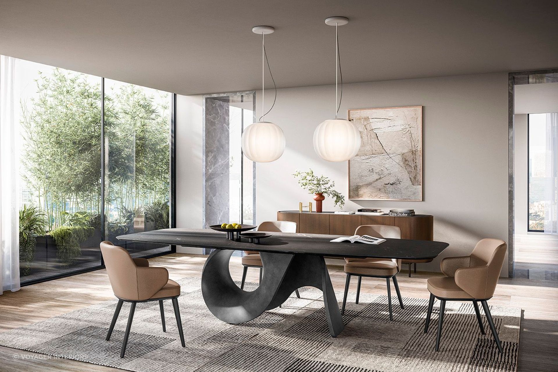 A sleek, lengthy rug beautifully complements the slender design of this dining room table. Featured product: Seashell Dining Table.