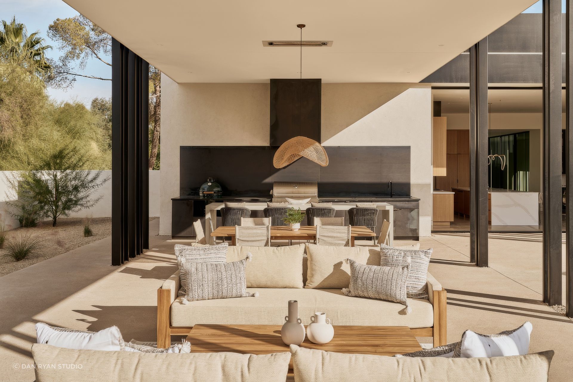 At Mockingbird, the brief called for both privacy and openness. The home turns away from the street while opening generously to the desert, using shaded outdoor rooms to extend daily life into the landscape.
Architecture: The Ranch Mine