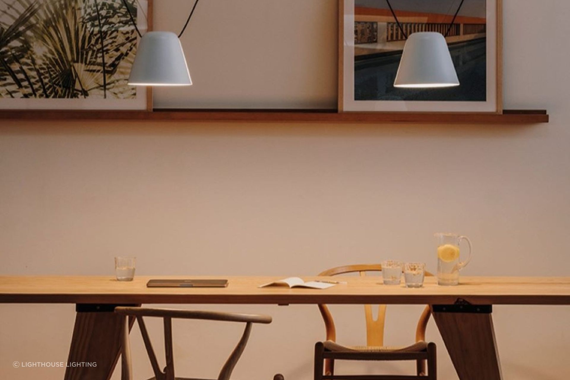 Attic Light Pendants from Lighthouse Lighting showing how well two dining table lights can work together.