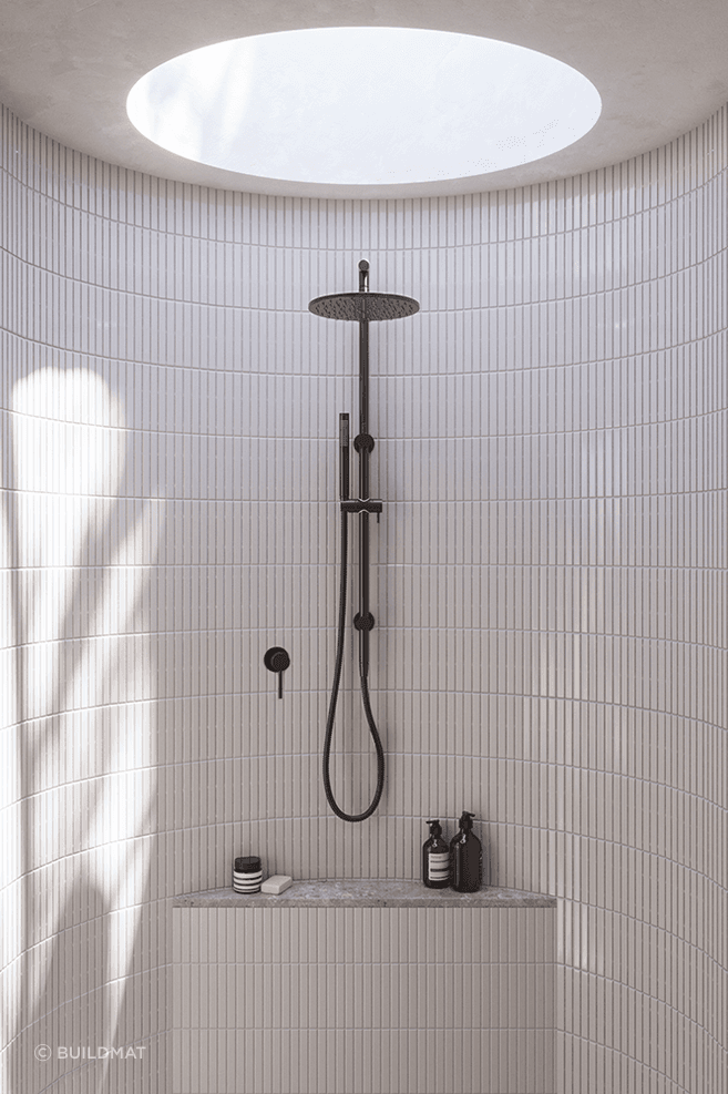 A stunning walk-in shower and a stunning product — the Mira Brushed Gunmetal Shower Rail Twin Set from Buildmat.