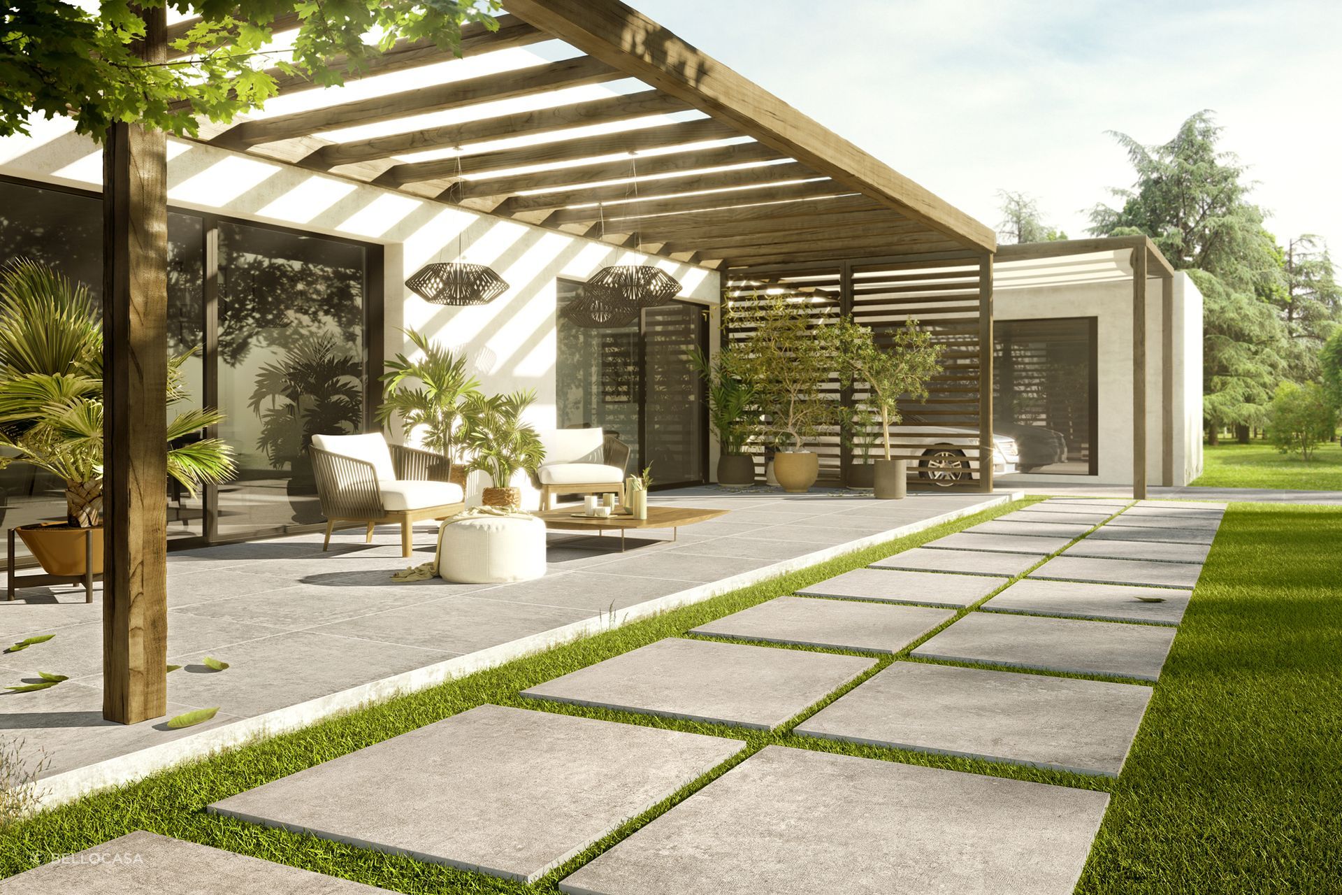 The textures and colours of the X-Beton by Cotto D'Este Outdoor Tiles look great against a lush lawn.