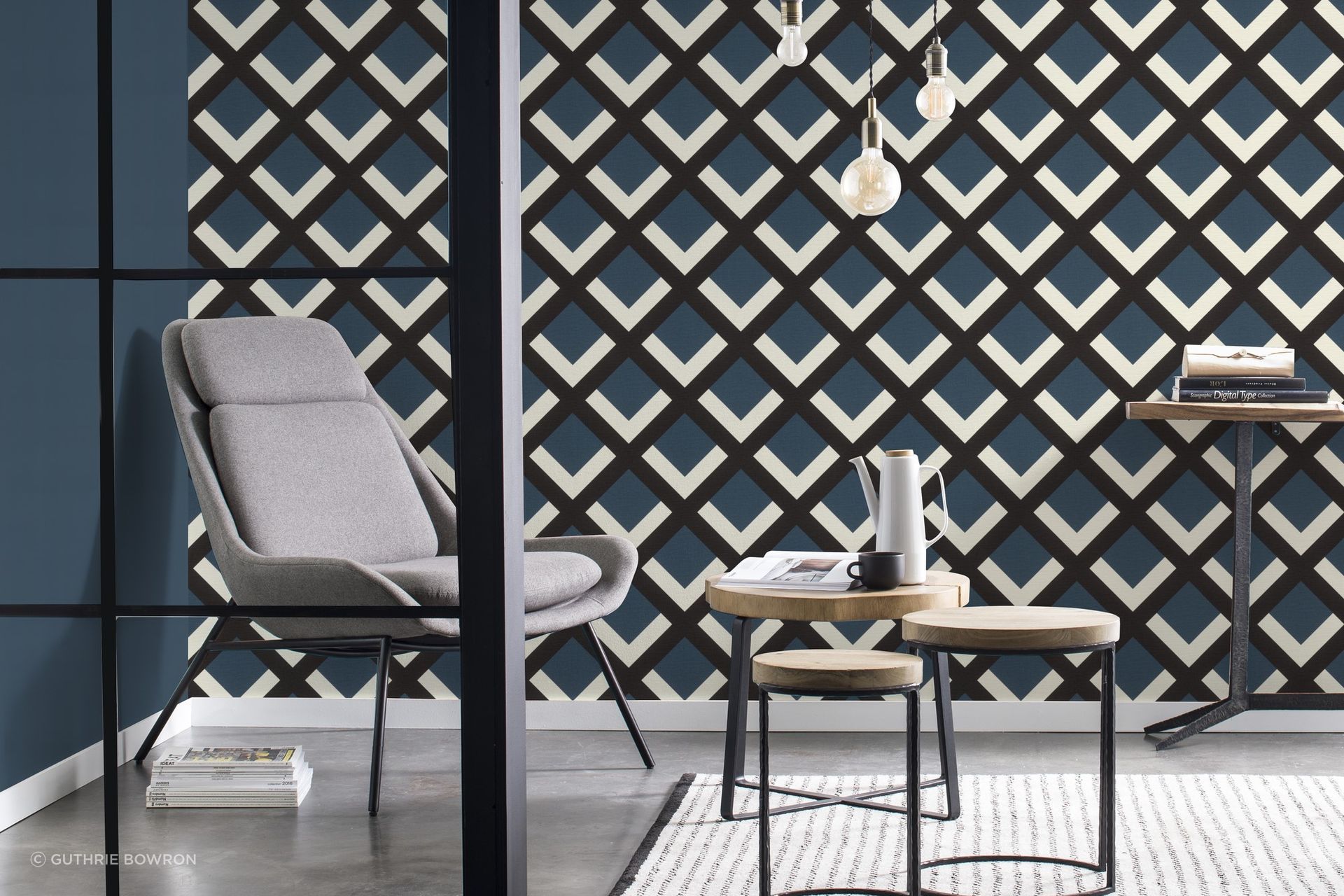 The geometric pattern of this edgy wallpaper from the Denzo II Collection gives modern vibes to this contemporary space.