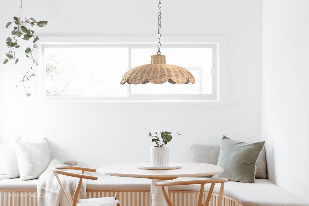 The Alice Scallop Rattan Pendant Light by Ivory &amp; Deene has a relaxed and natural quality in design and texture.