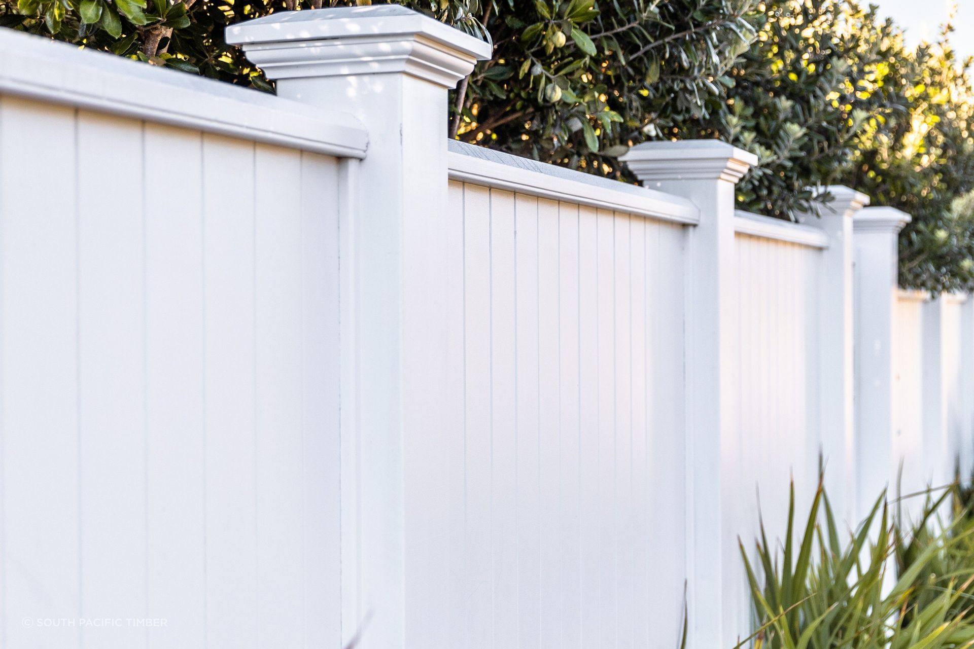 A solid timber fence supported by the GenLam Fencing System from South Pacific Timber.