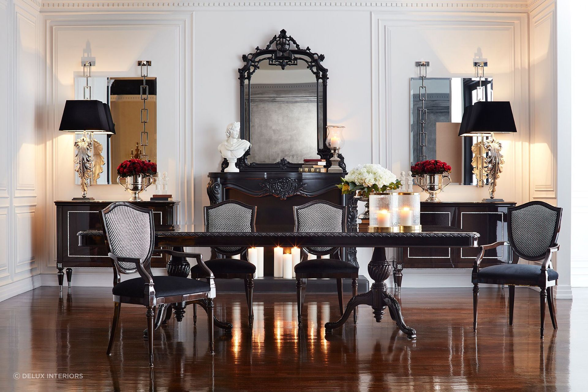 A dining table mirror, or three, can transform the experience of an evening, especially when paired with an impeccable furnishing like the London Dining Table.