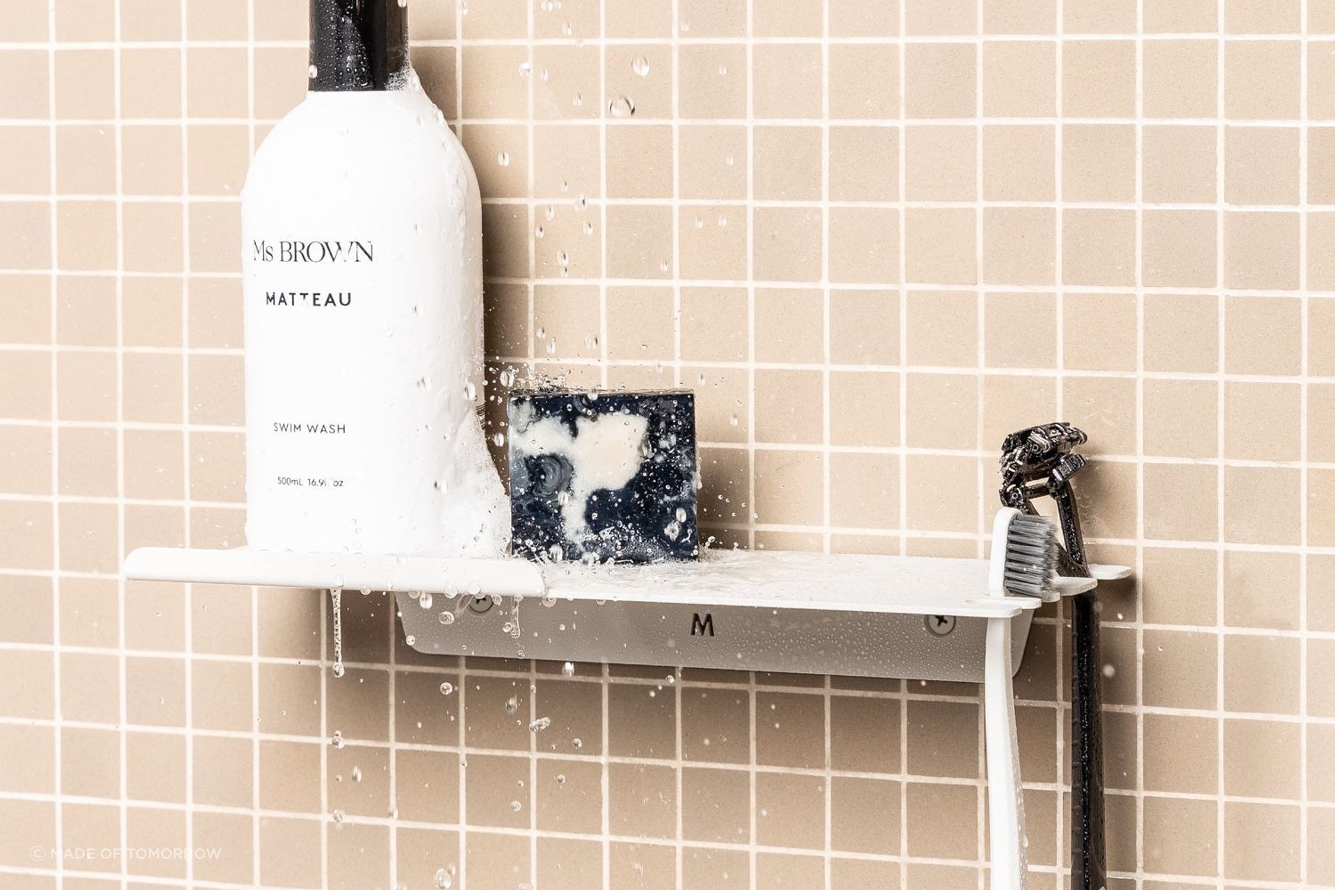A shower shelf option like the Fold Shower Shelf is easy to install and can accommodate a range of different toiletries.