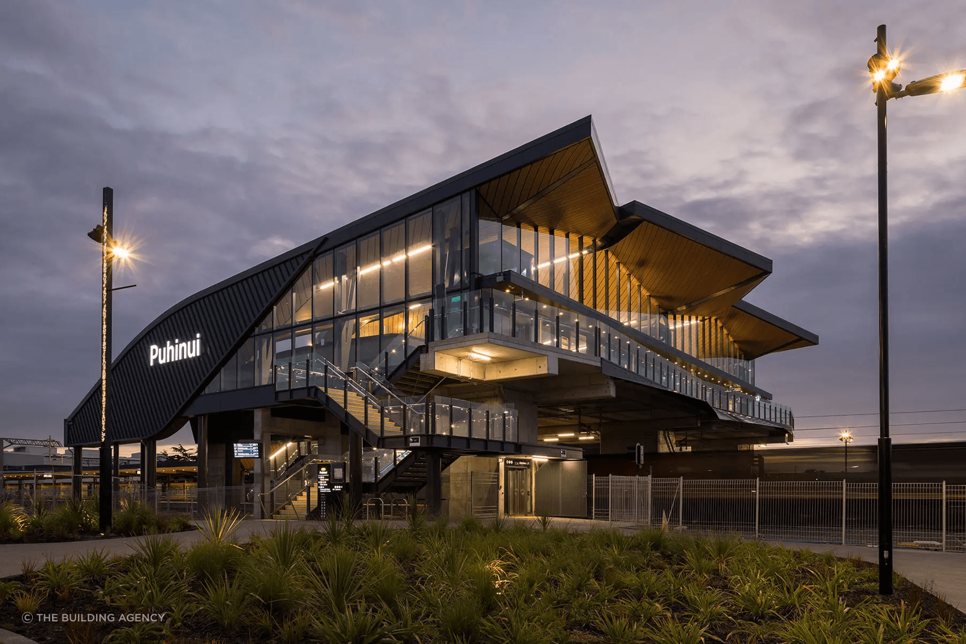 The Puhinui Station interchange showcases a striking and innovative modern commercial exterior facade.