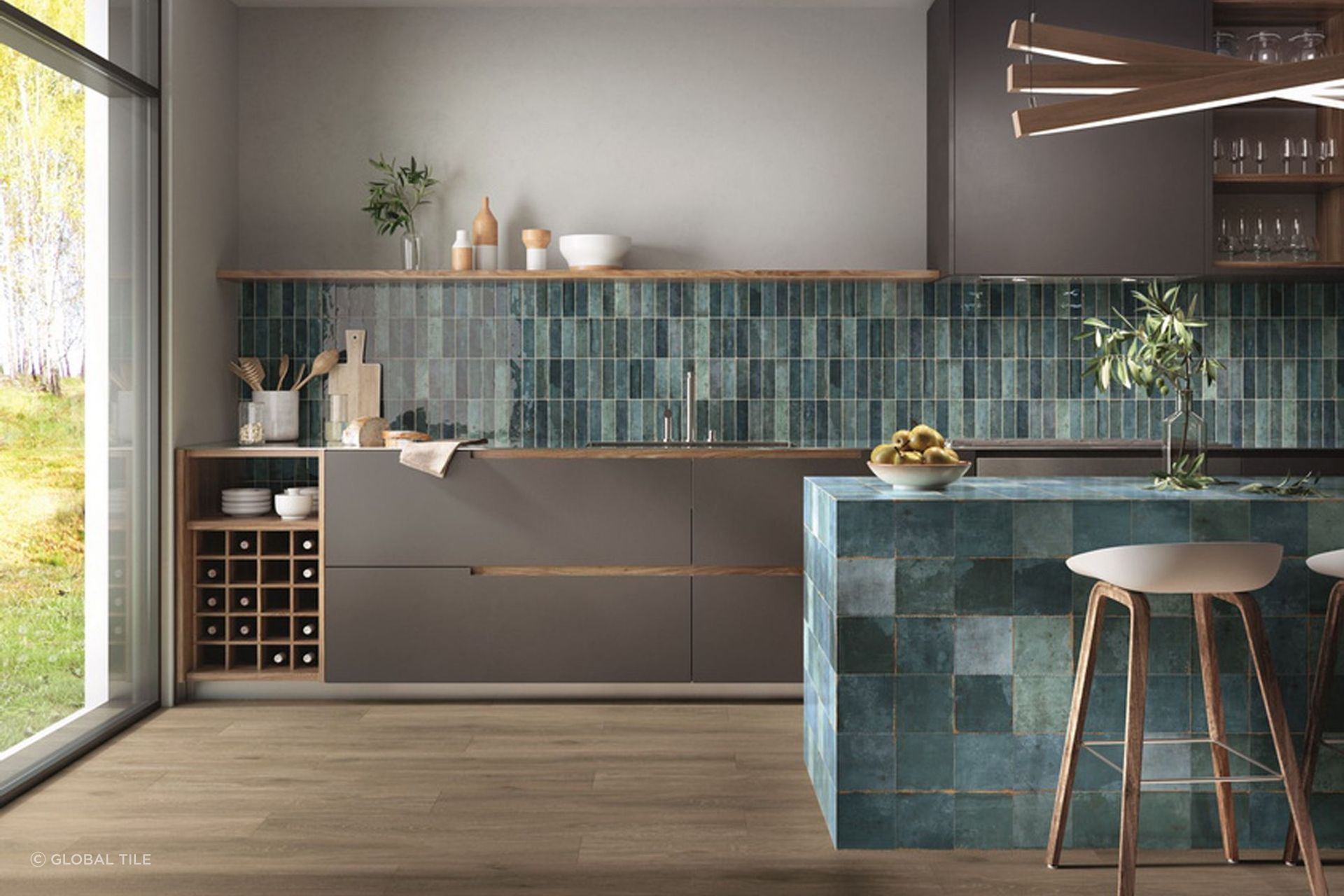 Coordinating your choice of wall tiles alongside your kitchen island, done superbly here with the Tennessee Satin Tiles, is a great way to create a cohesive look.