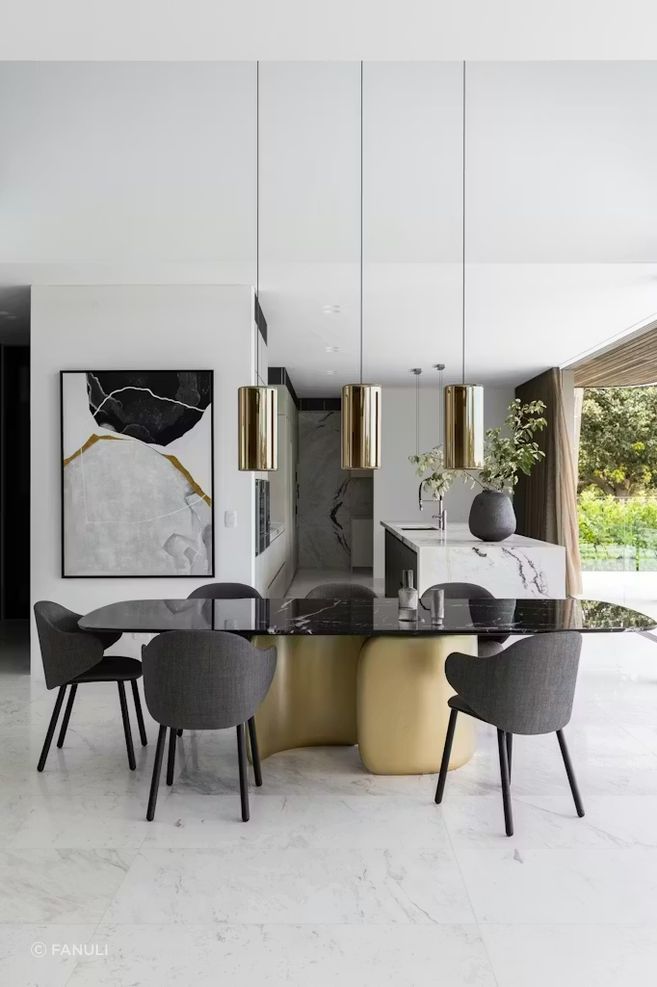Mellow dining table, Dua dining chairs, Lit Pendants