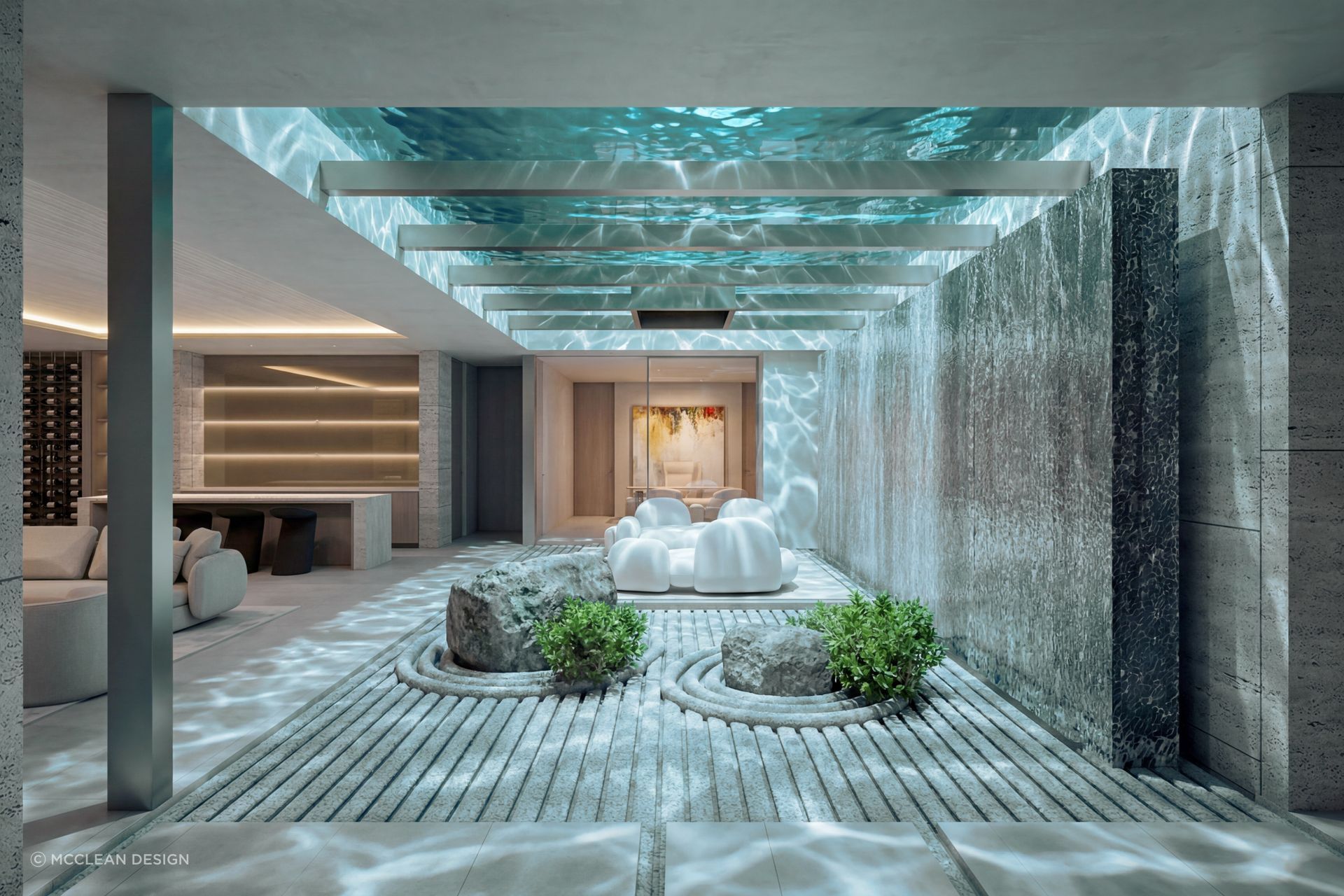 A McClean Design render showing water used as an architectural device, refracting light through the home and turning a below-ground space into an atmospheric interior landscape.