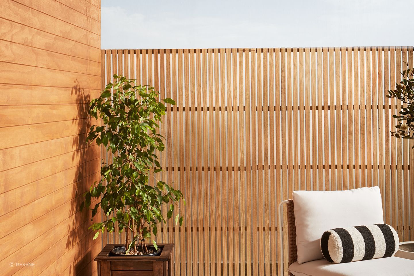 Weatherboards finished in Resene Natural Wood Oil in Resene Egmont. Trellis finished in Resene Natural Wood Oil in Resene Aorangi.