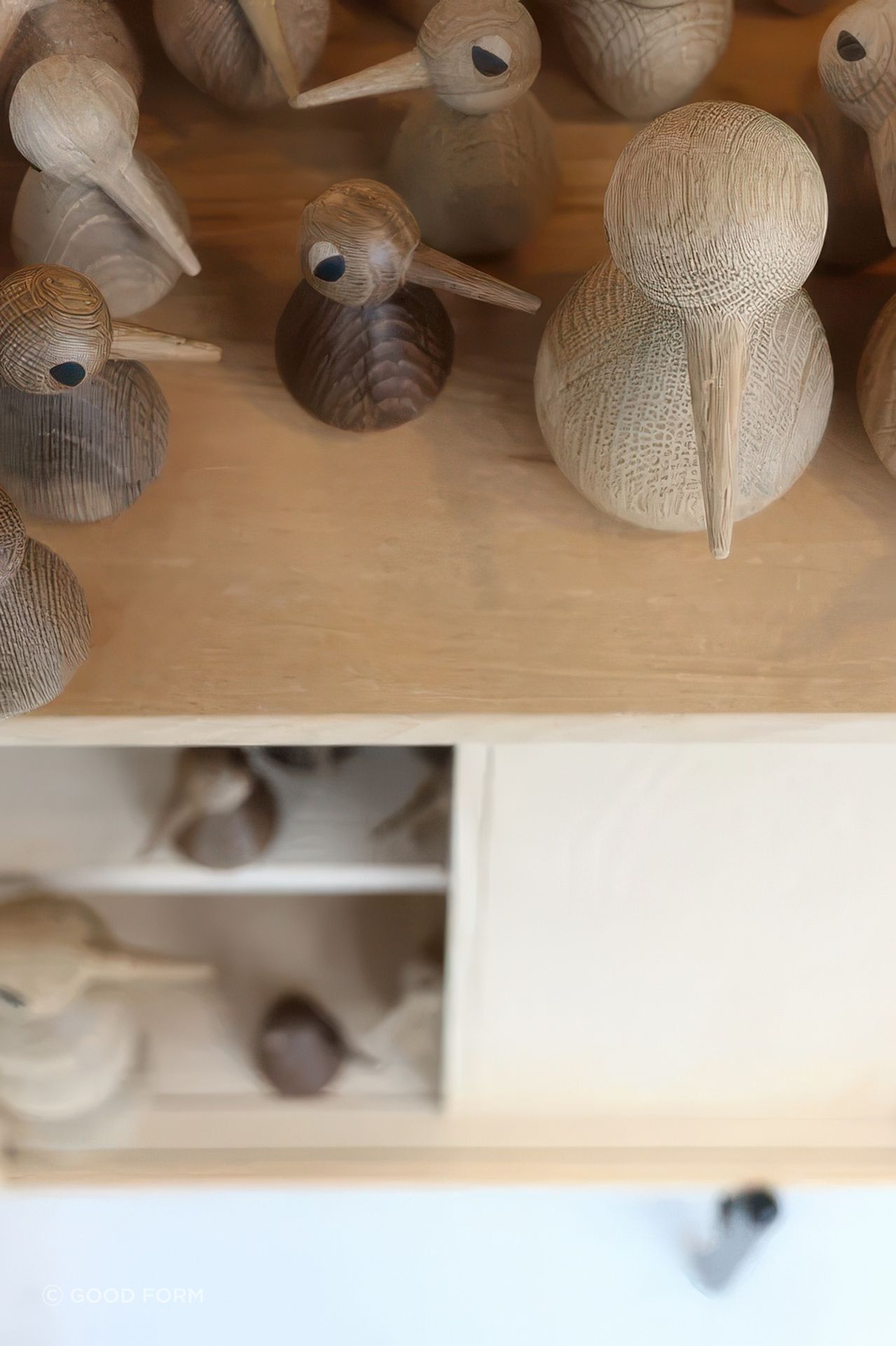 A playful display of Kristian Vedel's famous bird design, engaging with the repeated shapes to create height and depth with the installation.