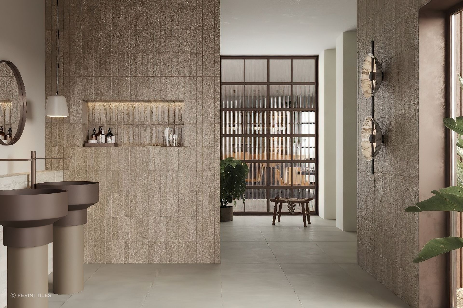 Timeless tile colour choices include beige, white, soft grey or charcoal. These neutral tones will create a rich and warm atmosphere in the home that always be on trend! Our luxe Cinder collection is pictured in this spacious bathroom design, adding a wonderfully tactile element to the space.