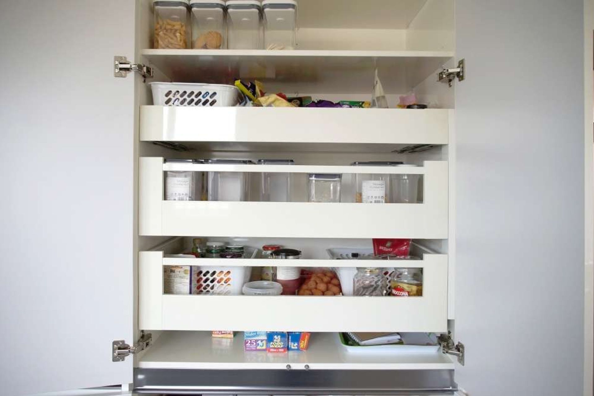 Custom built drawers in the pantry that can be pulled out (Kitchen renovation in Papatoetoe)