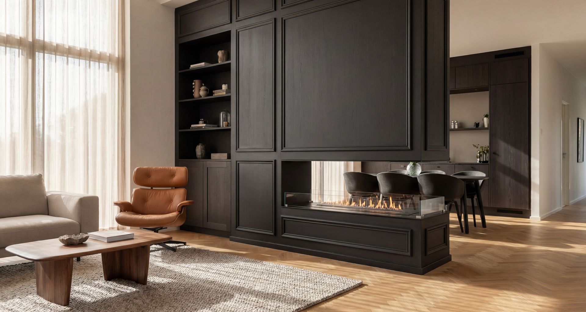 Decoflame Net Zero fireplace showcasing BEV technology, authentic natural flame and no-flue design for architects, designers and developers creating gas-free homes.