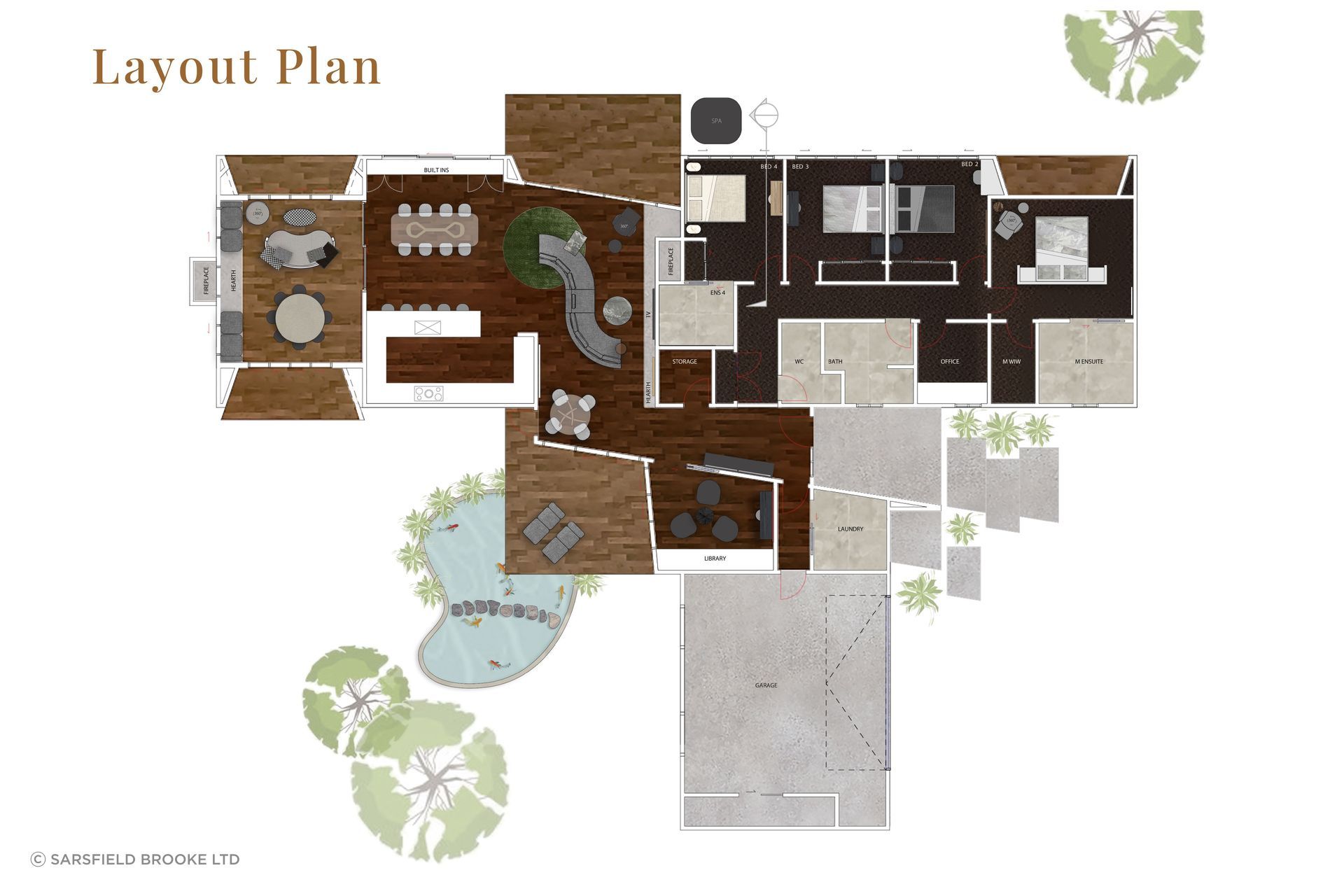 After spatial and flow planning, the team produced a layout plan to demonistrate exact and ideal placement of furniture pieces.