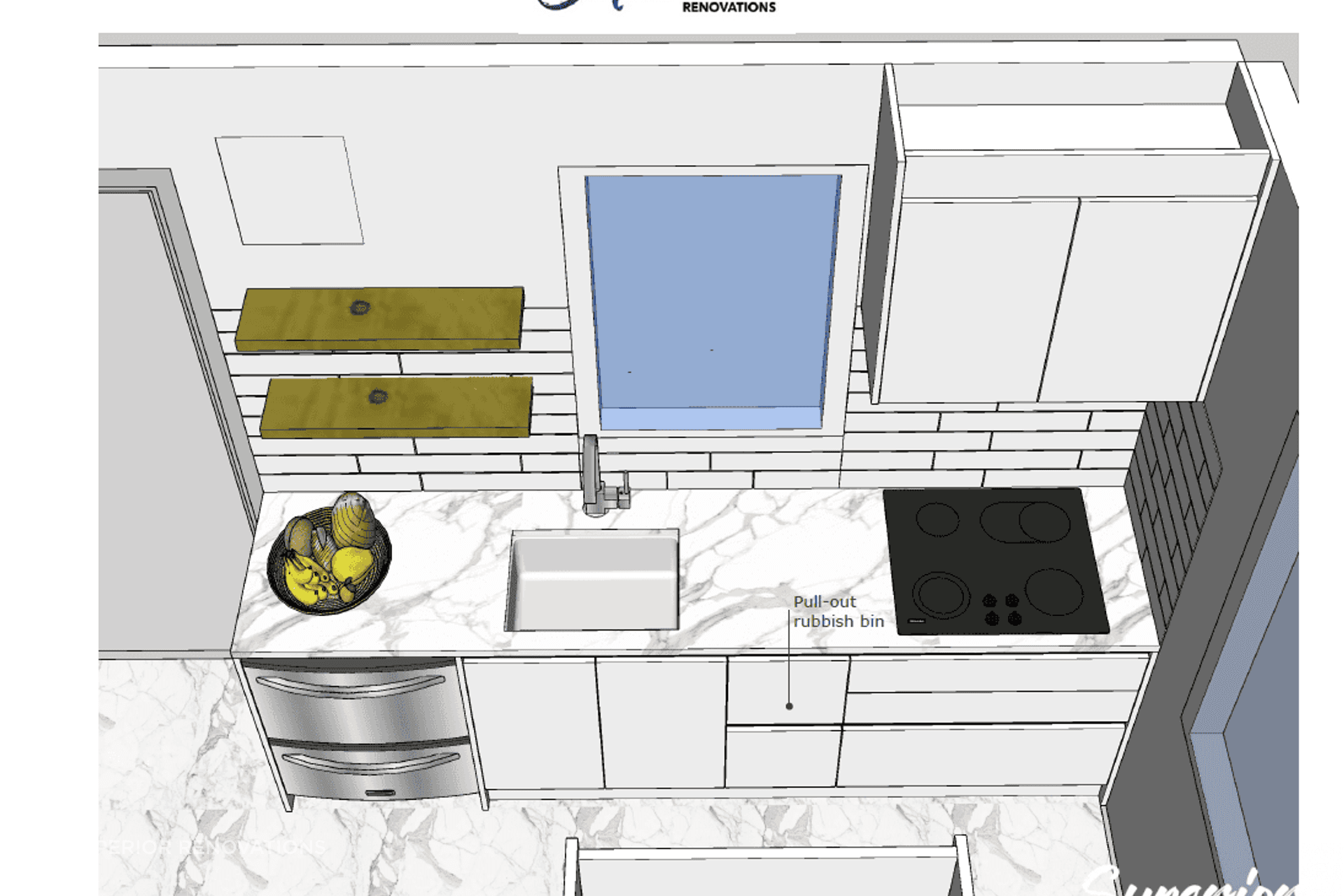 This shows a 3D visual which shows the basic aesthetics of the kitchen.
