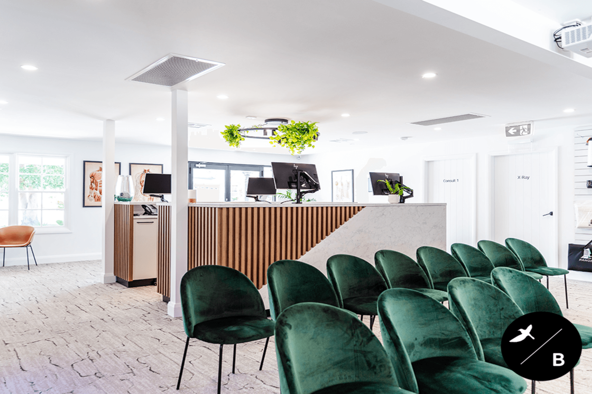 These beautiful emerald green velvet chairs are so comfortable and inviting. The perfect chairs for patients to wait in. Interior Design &amp; Furniture Curation: Birdblack Design. Project Management: Matthew Field. Build Carpenter: Zac Forbes. Joinery Manufacturer: Mandziy’s Just Joinery. Electrician: Mick Lavery Electrical. Photography: Better Together Photography Co