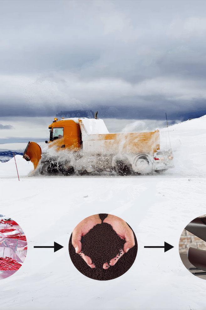 Discarded snow plough markers are processed into small chips of plastic, which are then turned into seats and back rests, for the HÅG Capisco Puls Chair model, without any additives or virgin plastic, making it 100% recycled.