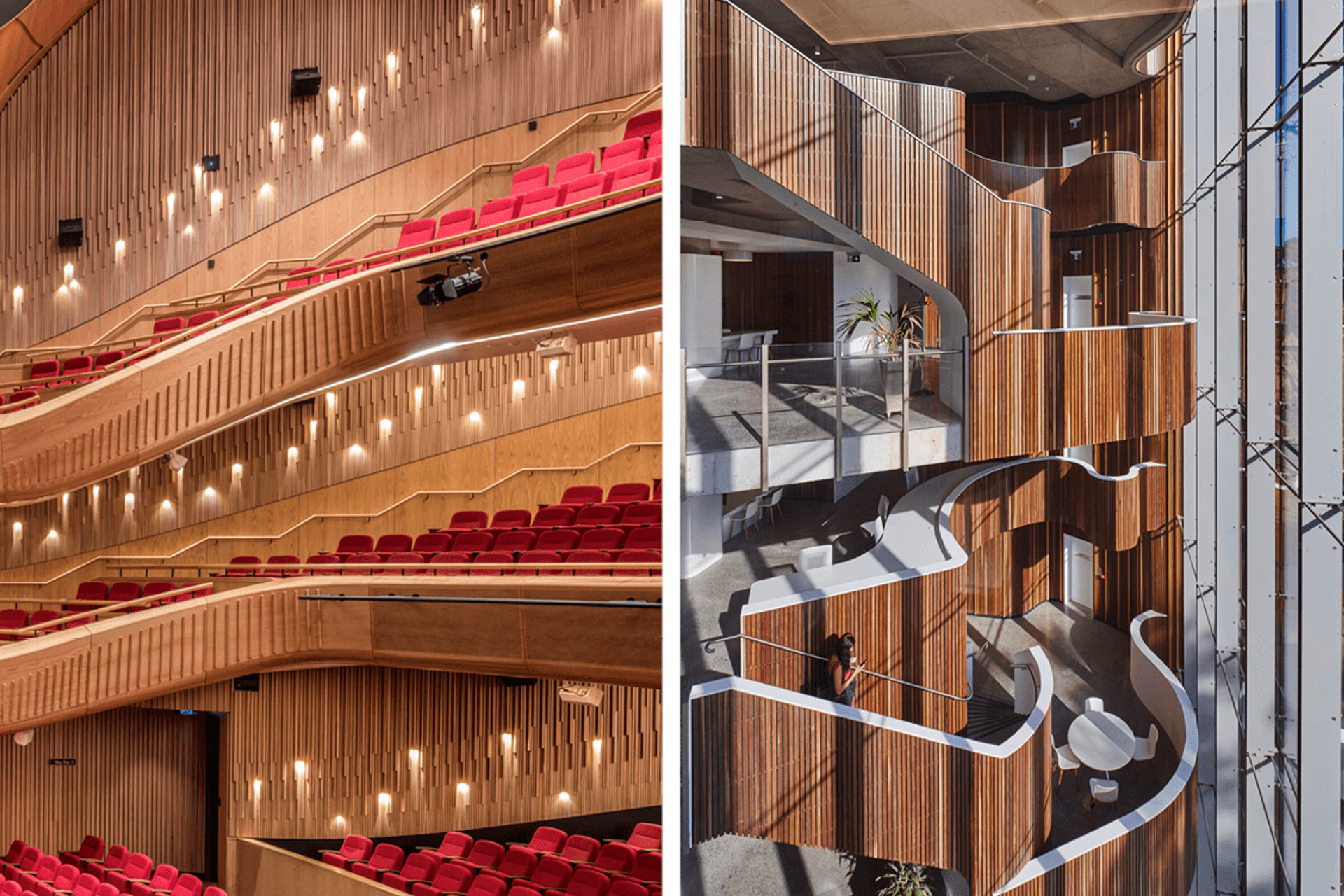 Spanning several floors and incorporating many curves in each project, Click-on Battens were chosen for the renovation of Her Majesty's Theatre in Adelaide (left) and for the Novartis offices in Macquarie Park, New South Wales.