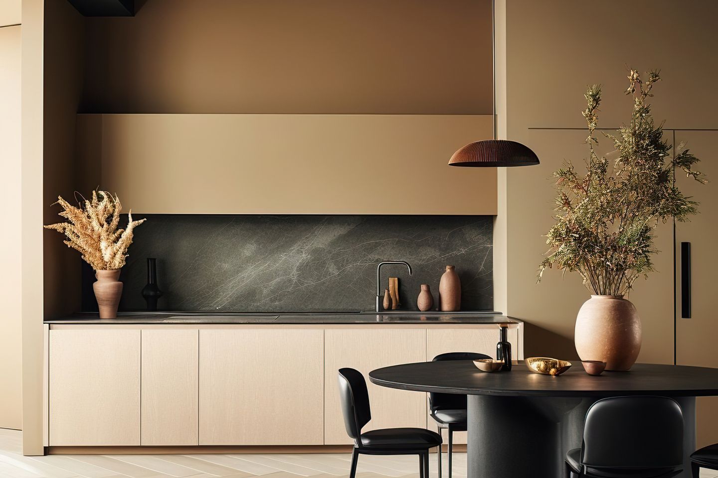 Simplicity and a focus on quality, durable materials is the key to this minimalist kitchen. (Image generated using Midjourney.)