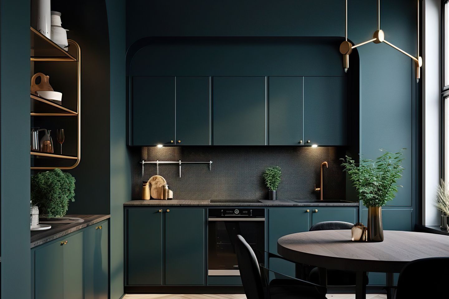 This modest-sized kitchen, which incorporates the dining table, feels luxurious due to the high ceilings, deep emerald cabinetry and brass accessories. (Image generated by Midjourney.)