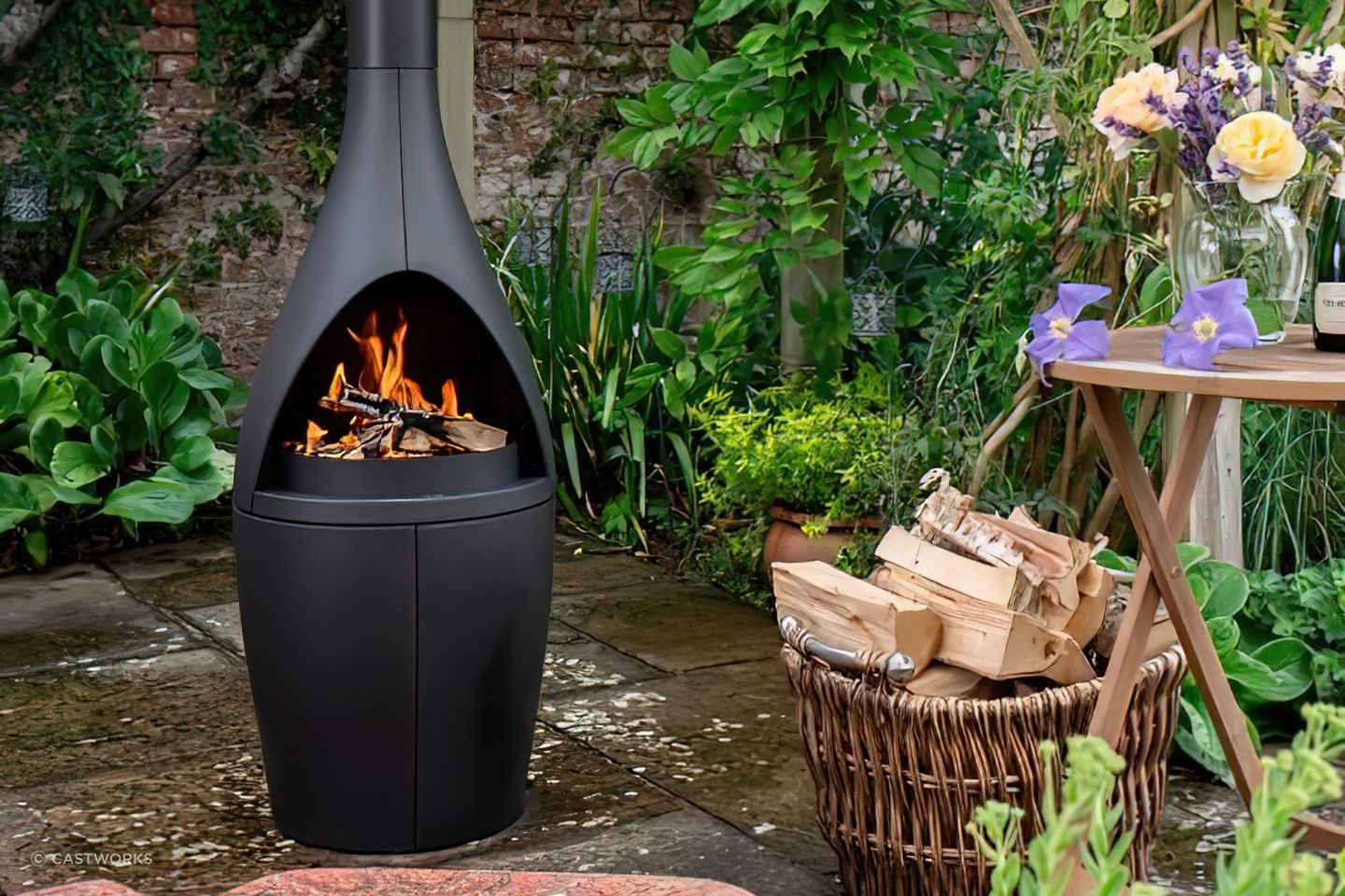 A small outdoor fireplace can still pack a punch in heat output and appearance