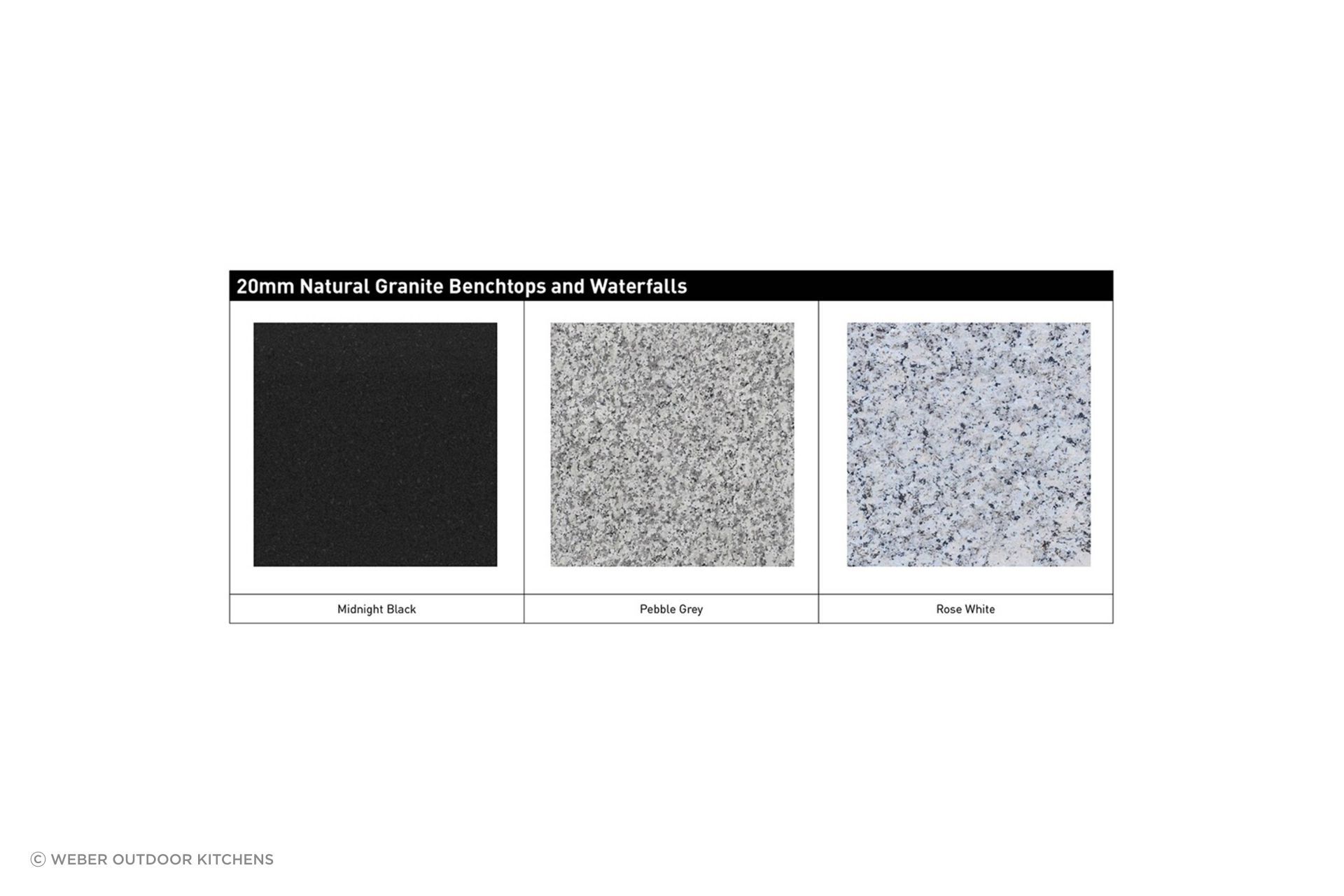 Select from three colour options in our 20 mm natural granite benchtops and waterfalls.