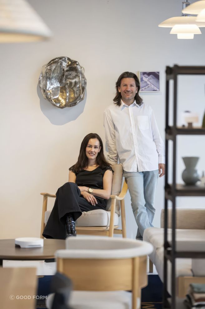Good Form founders Emma and Dan Eagle surrounded by objects from the Good Form gallery.