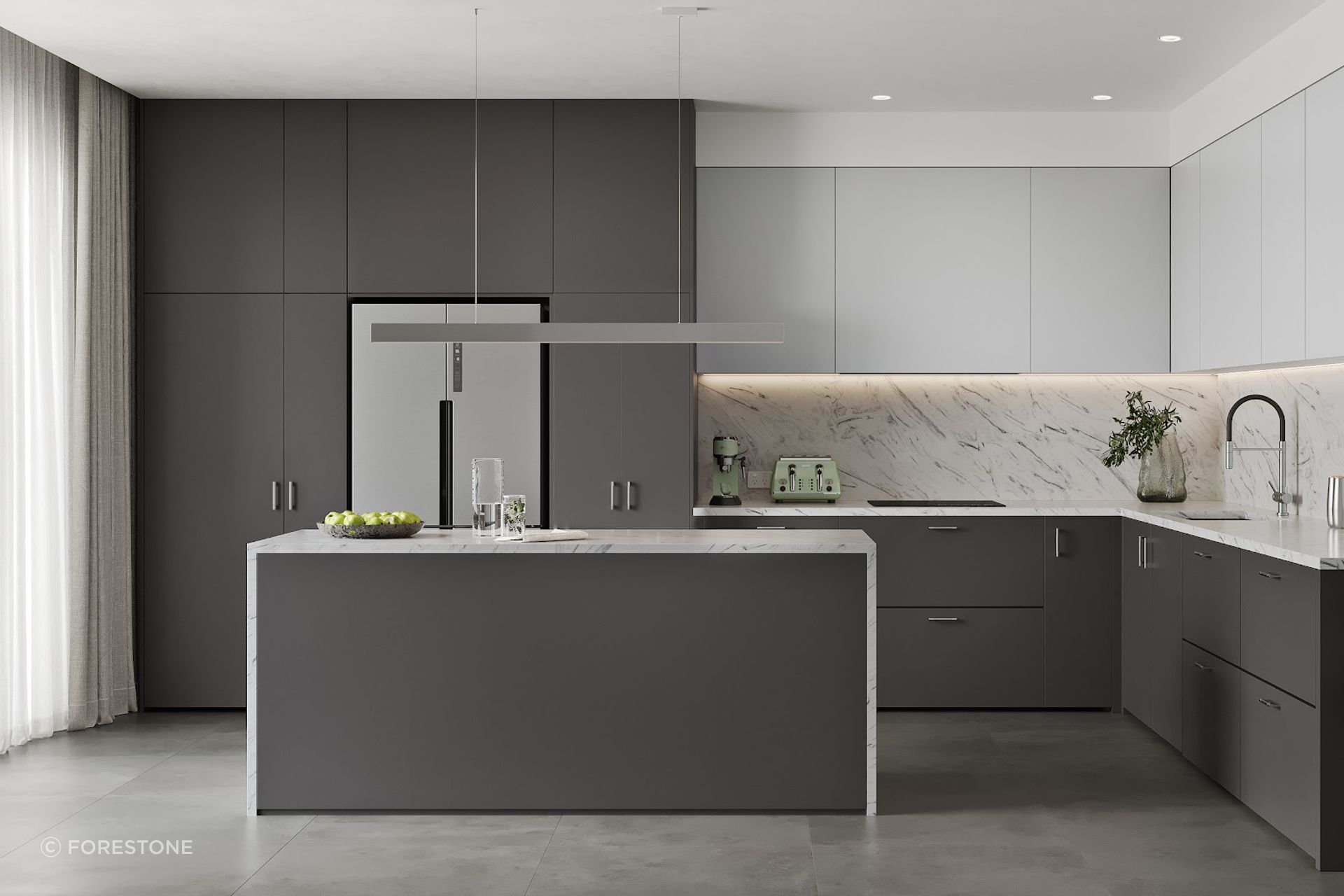 A sleek contemporary kitchen featuring DesignerOne’s solid colour range, offering a refined, durable surface solution for modern interior joinery.