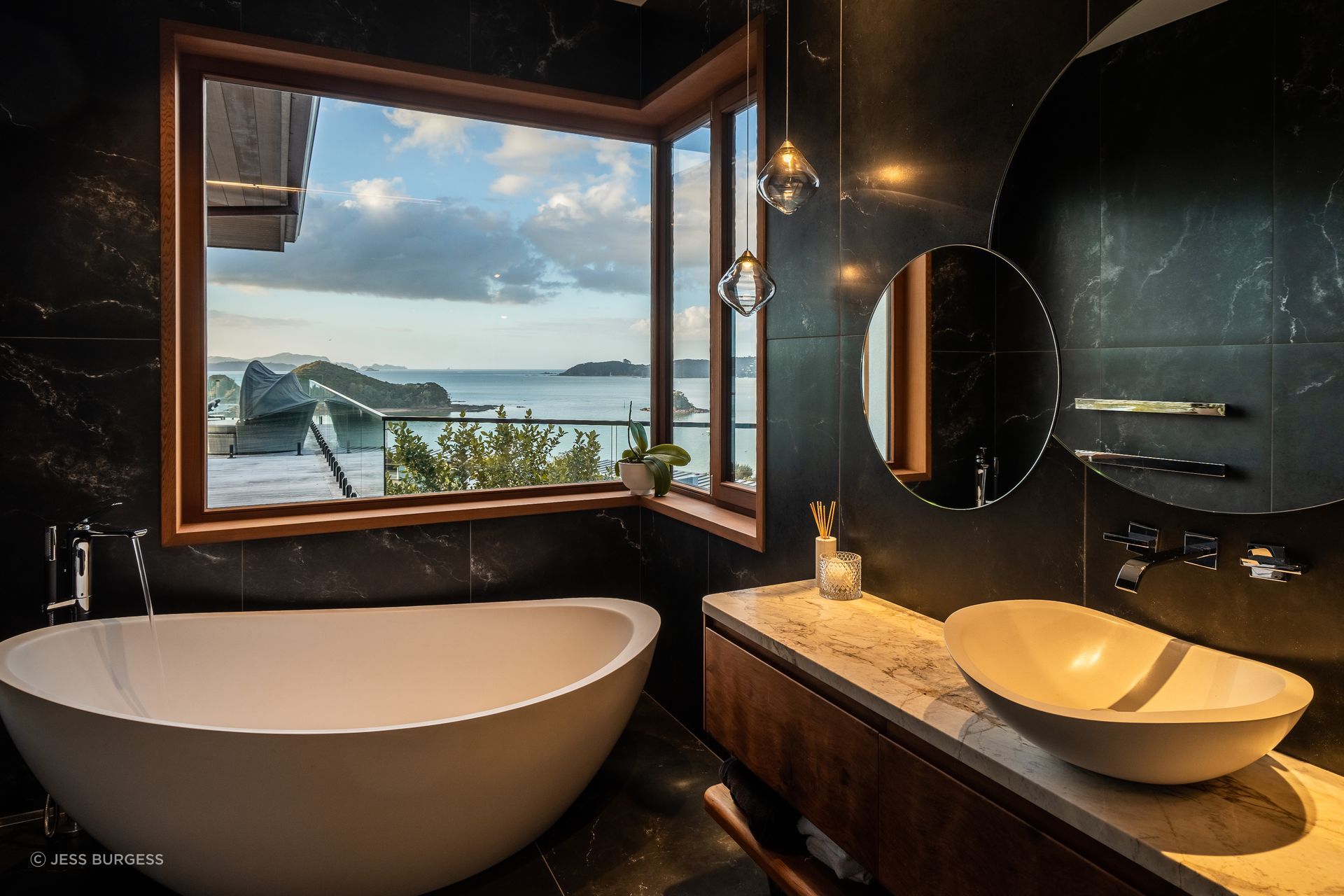 A bathroom with a view. The bath tapware is by Kohler.