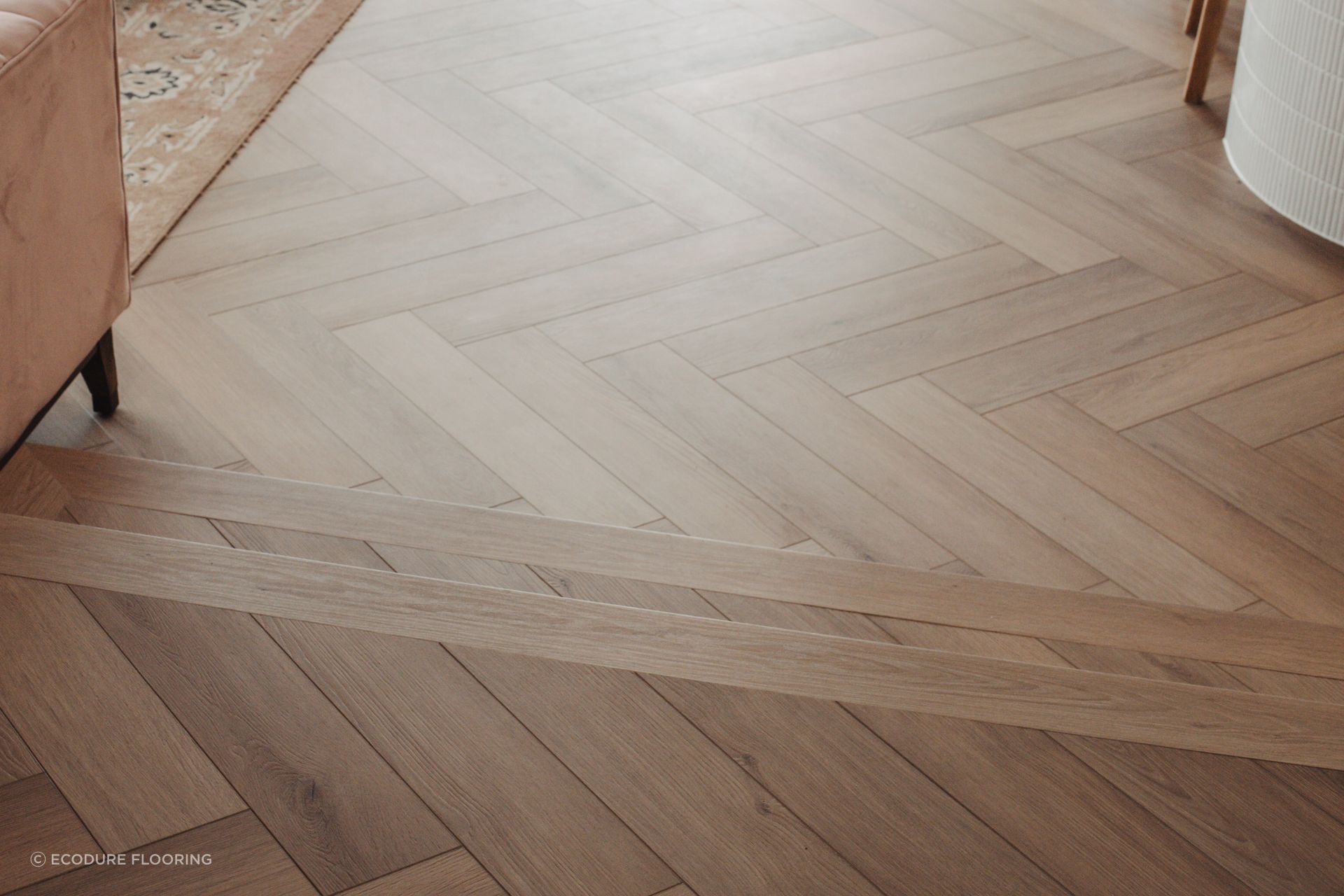 Each 7.5mm thick plank in the herringbone pattern has a gently bevelled edge and is designed to lock into its fellow planks for a genuine, dynamic, waterproof installation. Ecodure also supplies accessories like trims and square-nose staircase finishes to ensure the floor is finished to a high standard regardless of application.