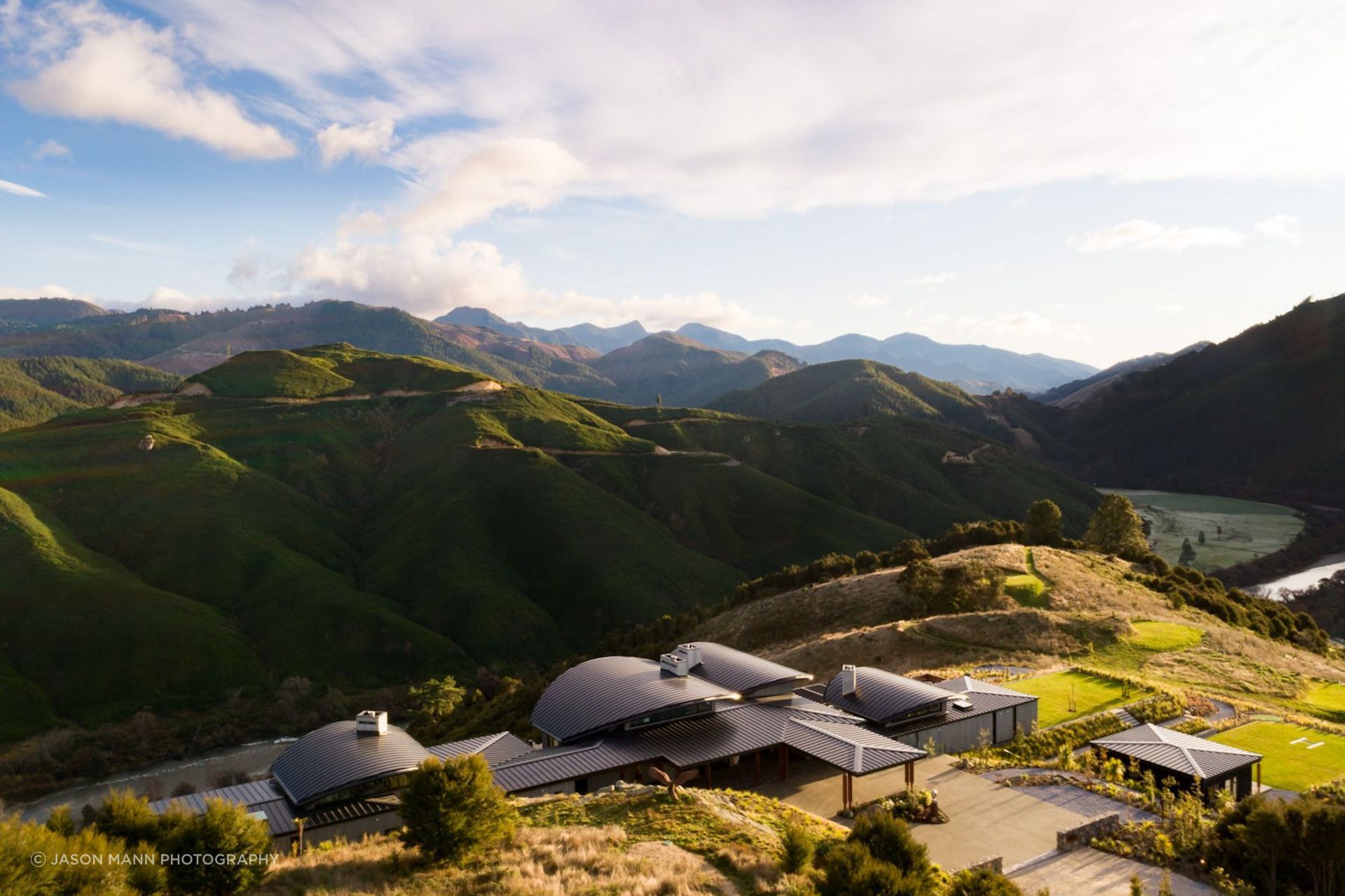 Falcon Brae Villa, situated above Motueka River and adjacent to national parks. “It has a really lovely view of the river and you can hear the rapids, so we were trying to engage with that,” says Simon Hall of Jerrram Tocker Barron Architects.