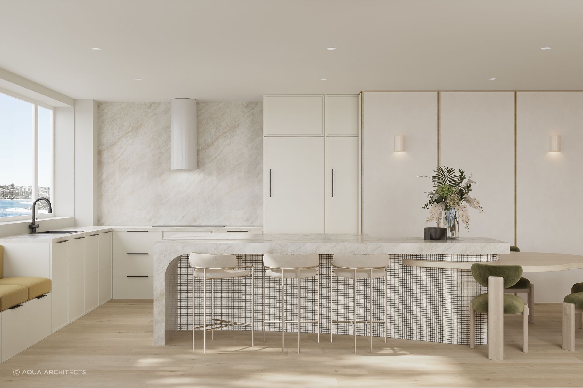 Curves and neutrals combine in the beachside apartment.