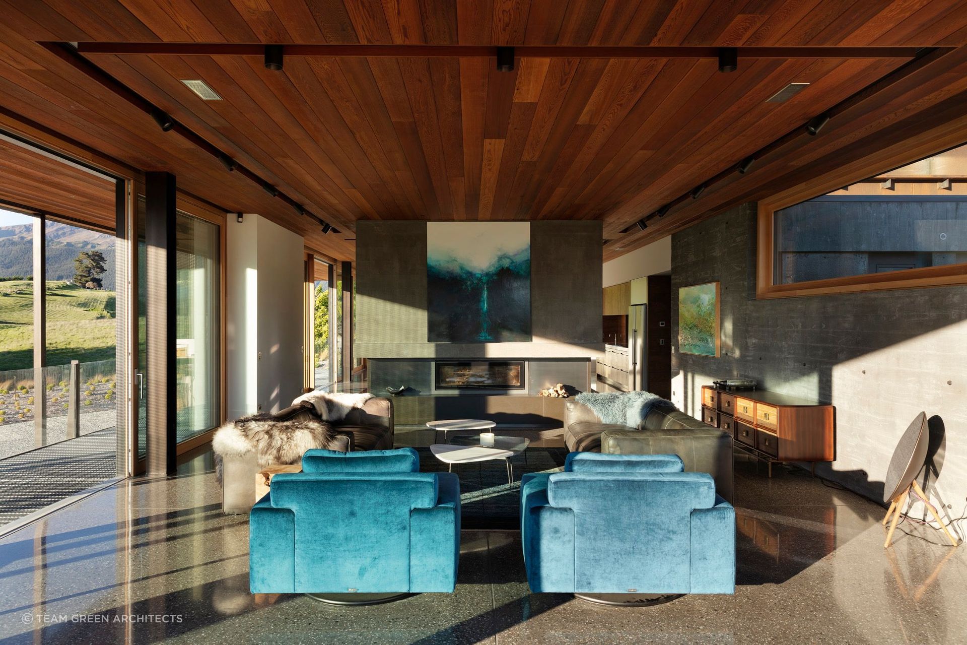 Highly insulated walls and a heat exchange ventilation system ensure this interior is as cosy as it looks.
