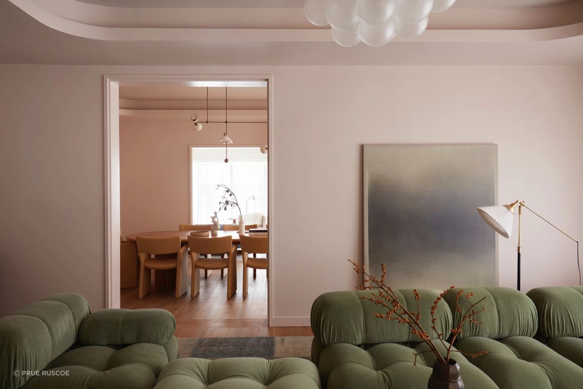The formal lounge takes cues from the 1980s.