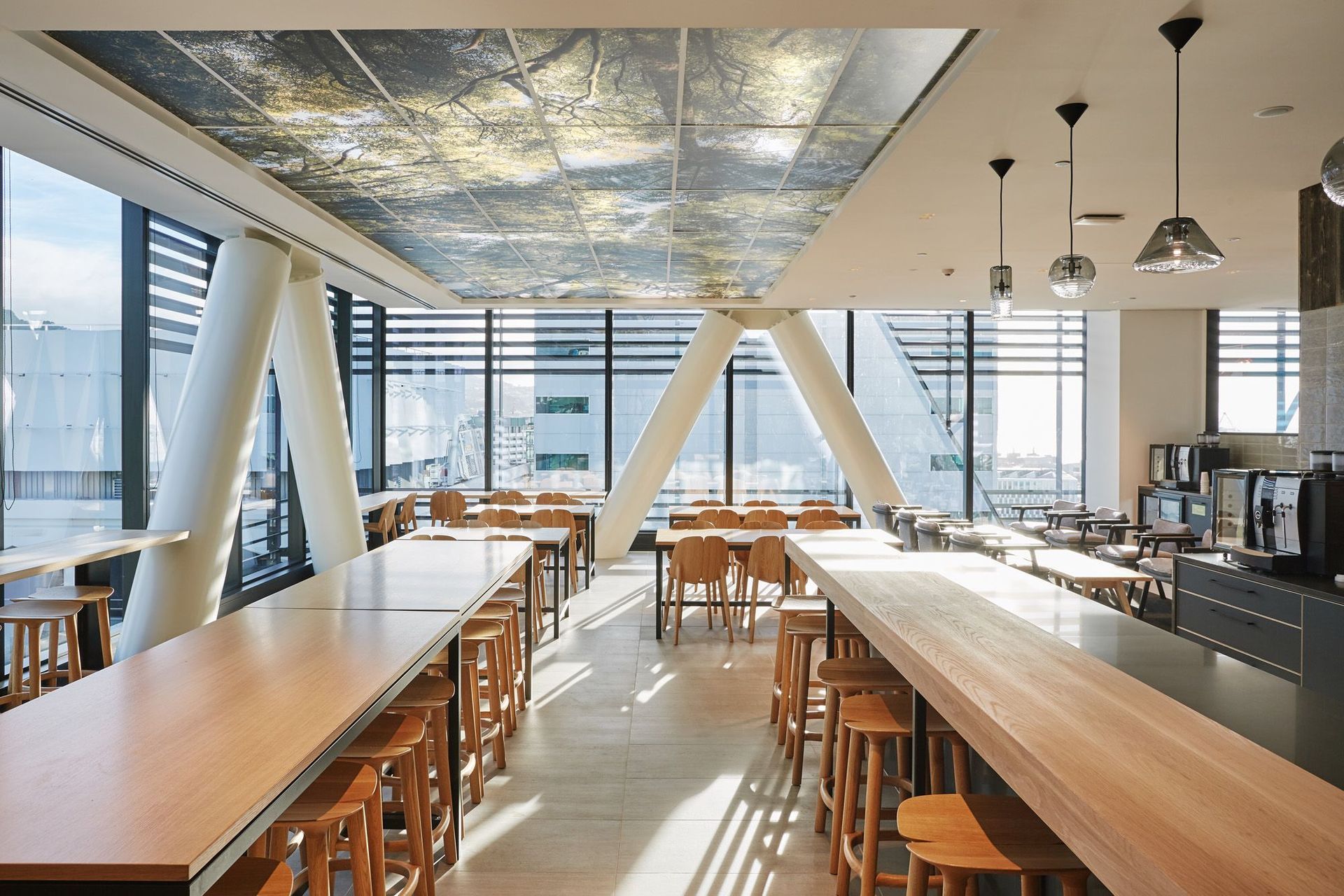 A view of neighbouring buildings from the staff cafe, framed by the diagrid structural members.
