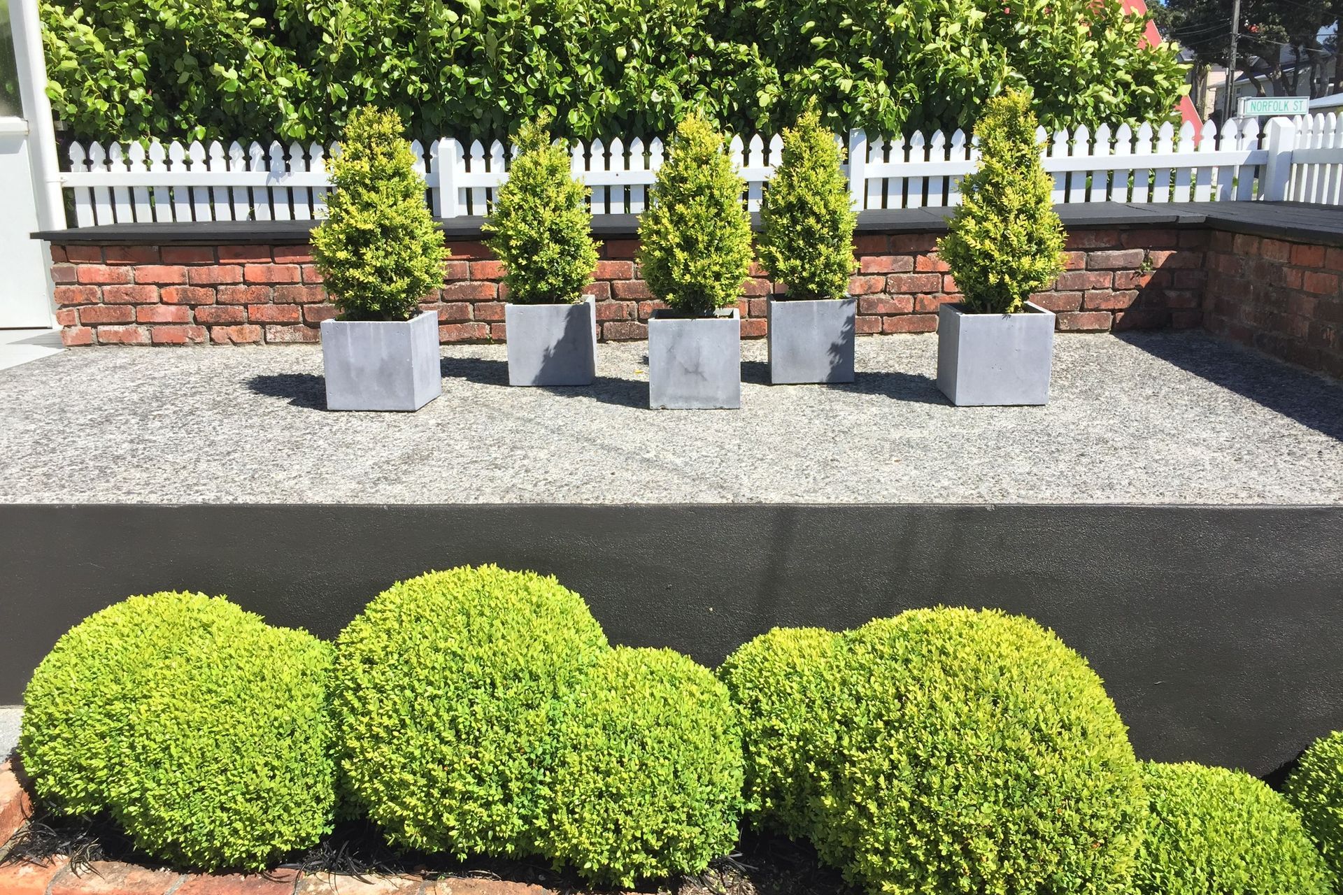 Hard landscaping textures and bold structural planting, Northland.
