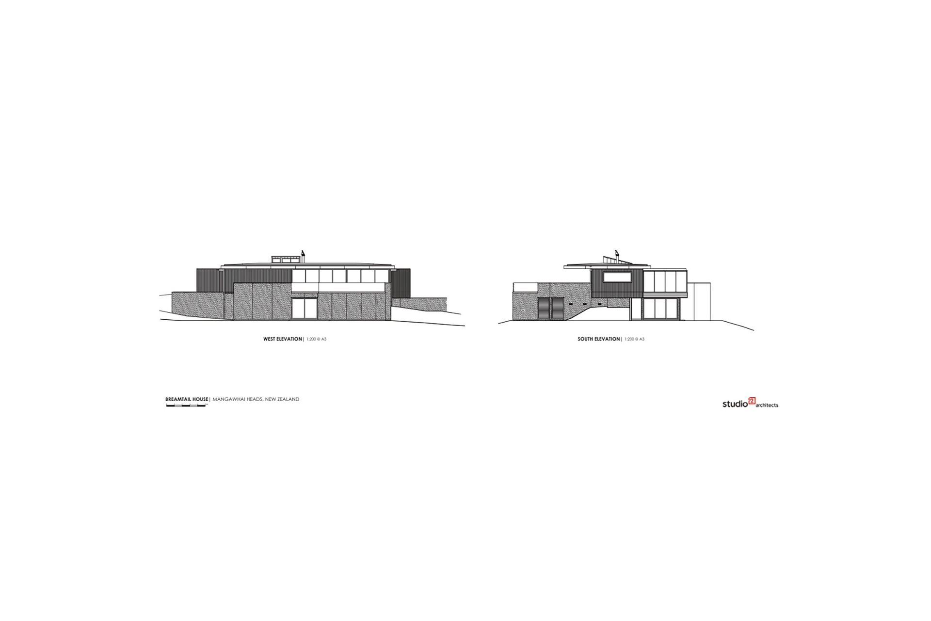 Breamtail House wast and east elevations by Studio2 Architects.