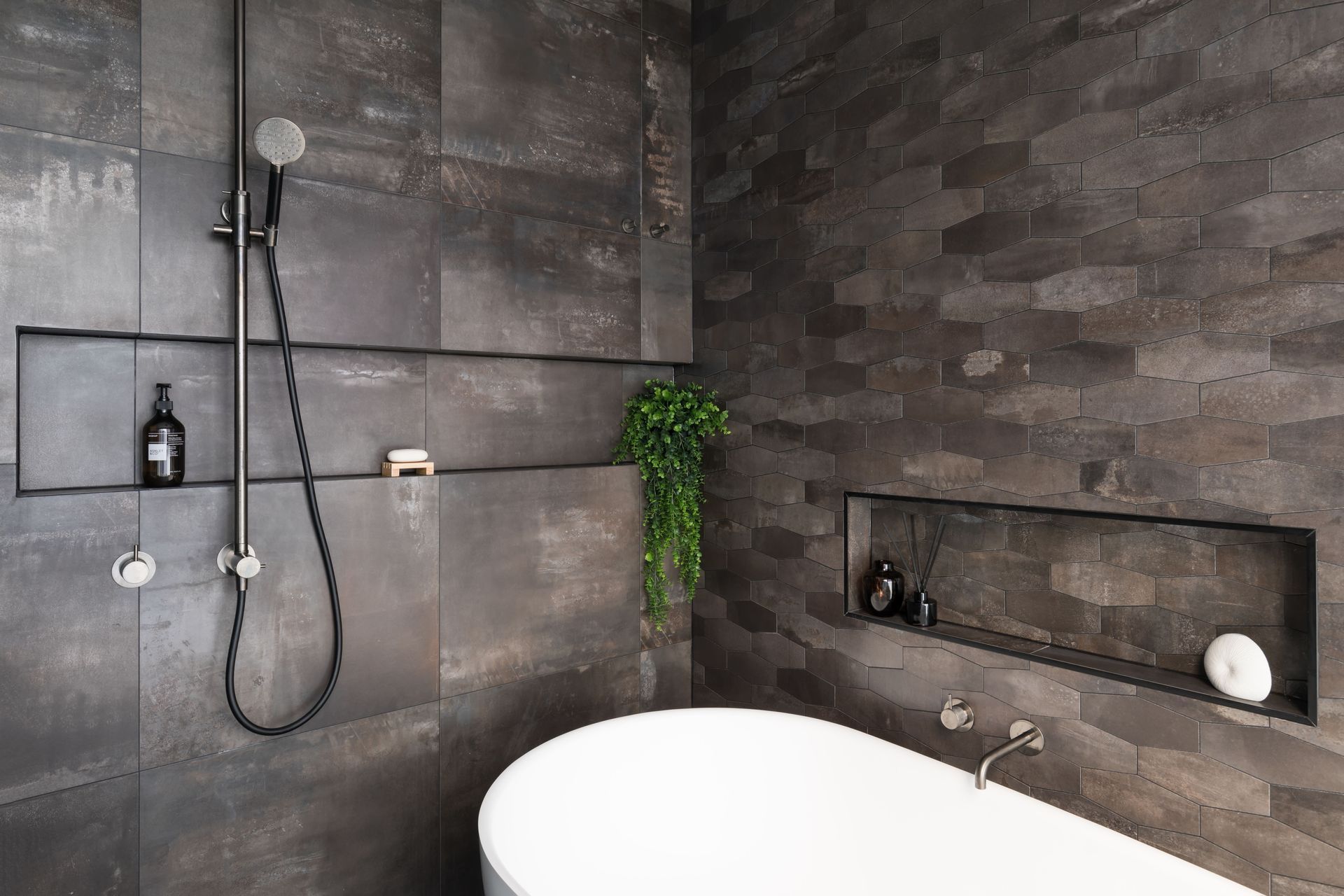 Ensuite Bathroom - tiled niches, the one above the bath has LED lighting