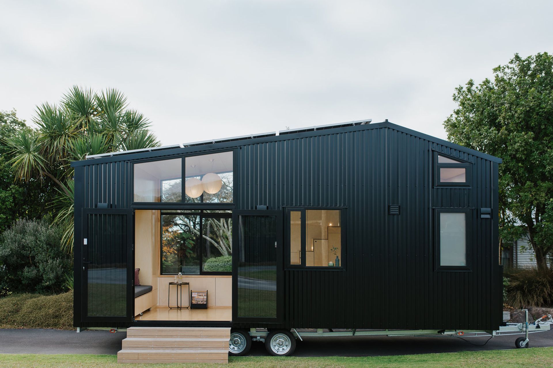 The compact form sits on a trailer that can be transported via a ute. Photography supplied by Build Tiny.