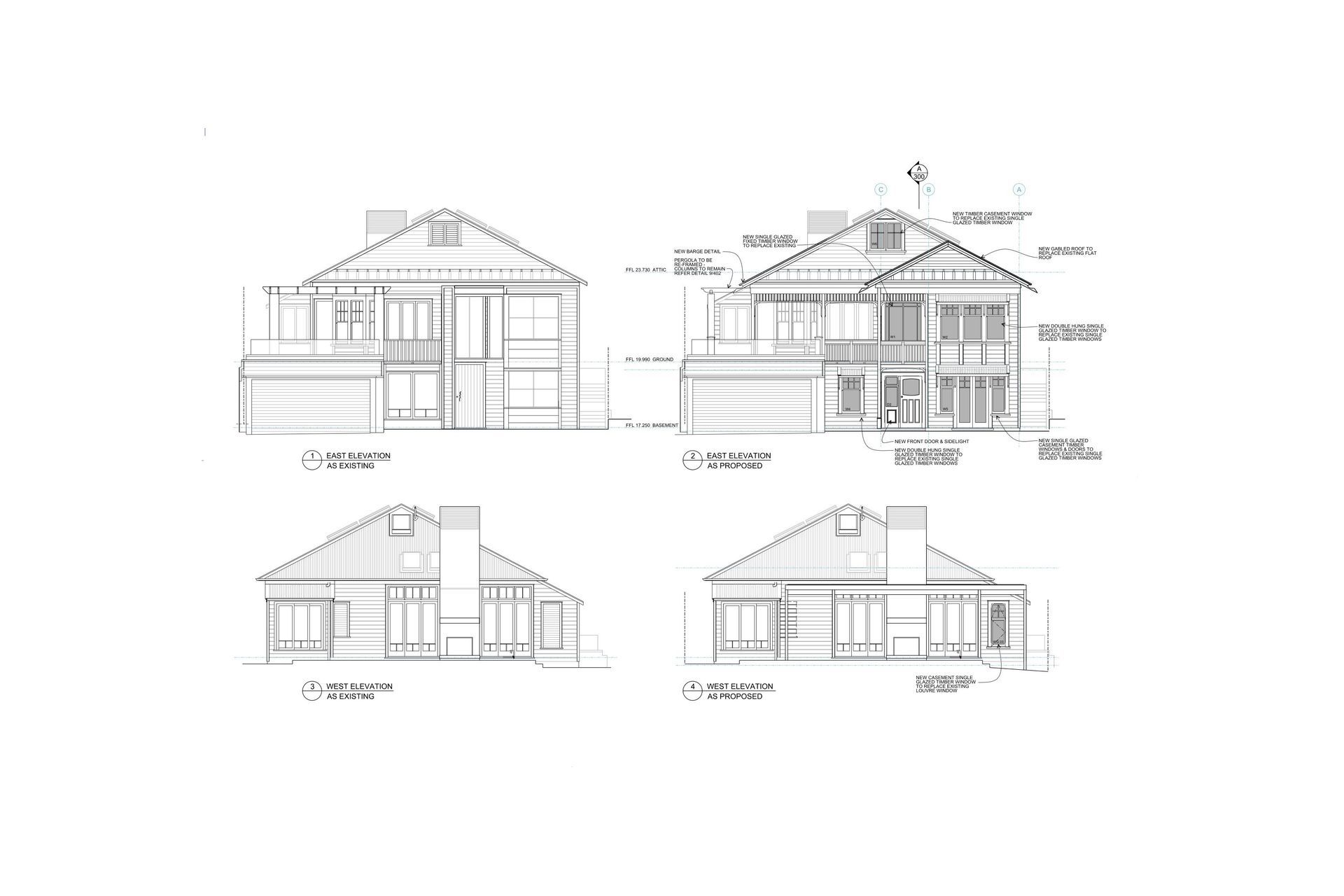 Existing and proposed east elevations (top) and existing and proposed west elevations (bottom).