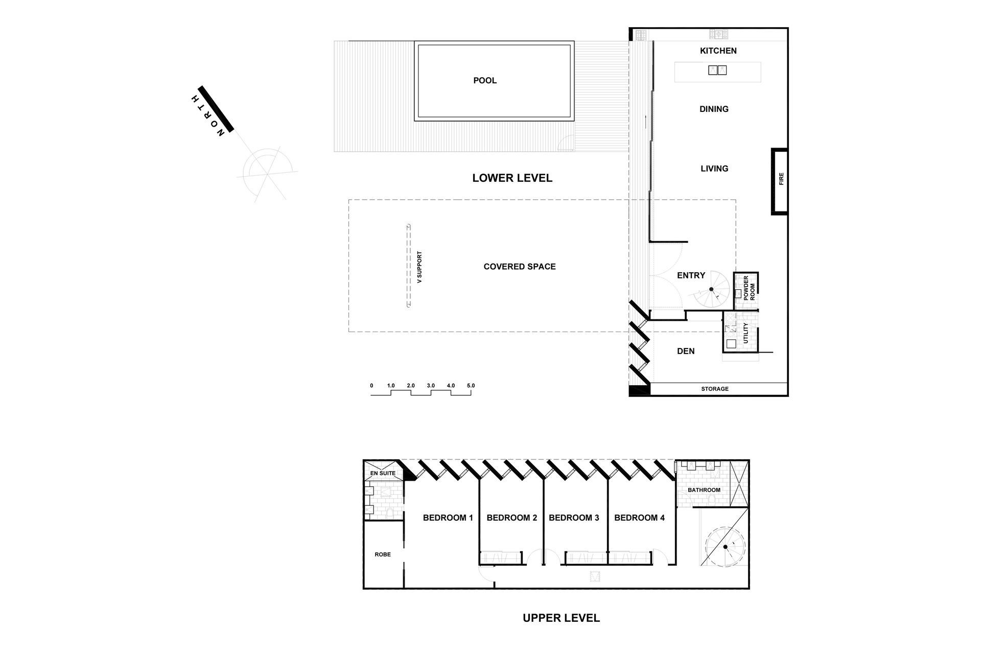 Floor plan of Takapuna House's upper and lower levels.