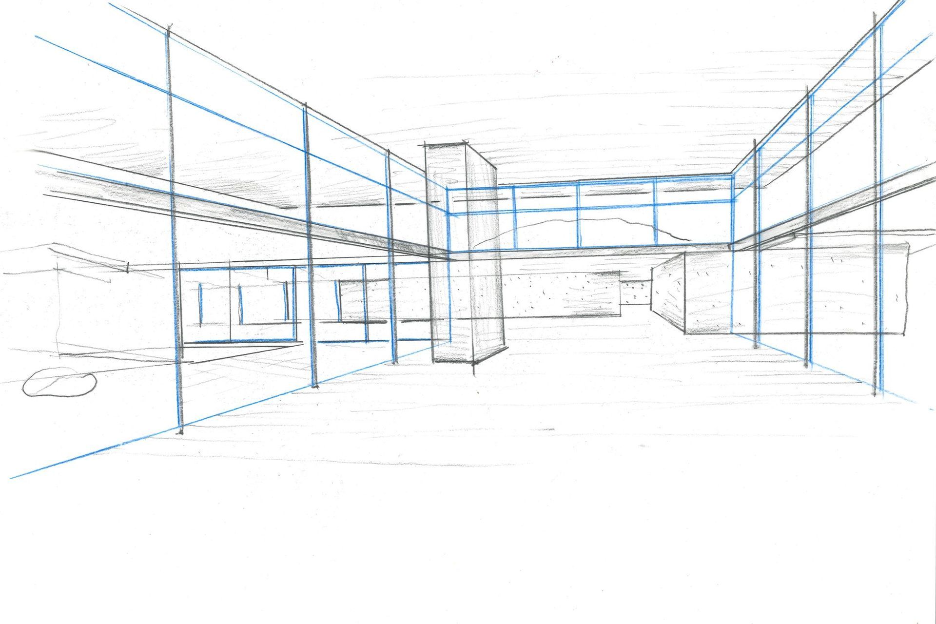 A perspective drawing of the main living area and garage entry corridor by the architects RB Studio.
