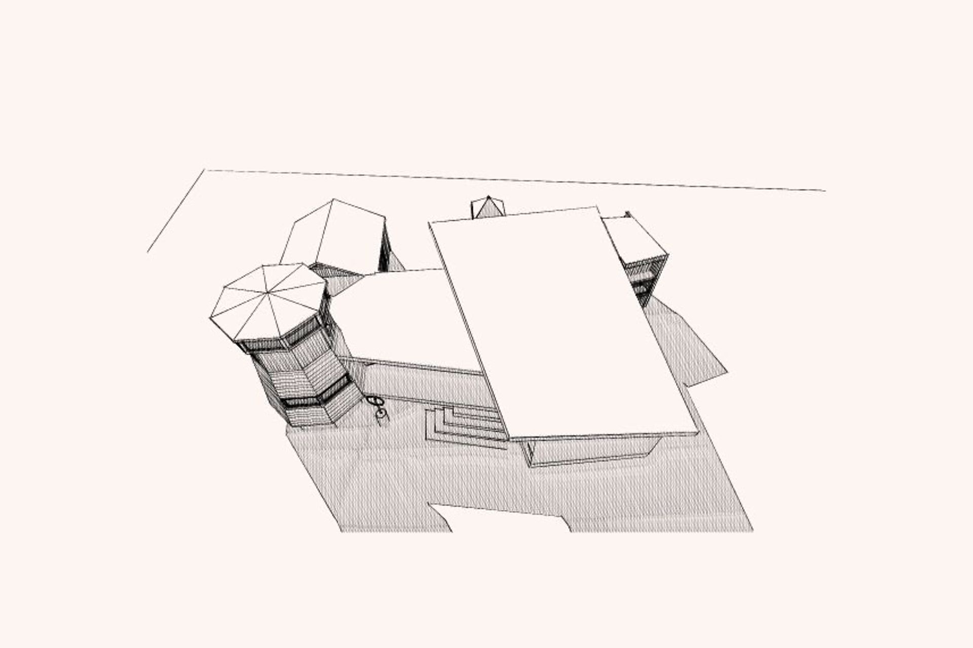 Early sketch plan showing the arrangement of structures